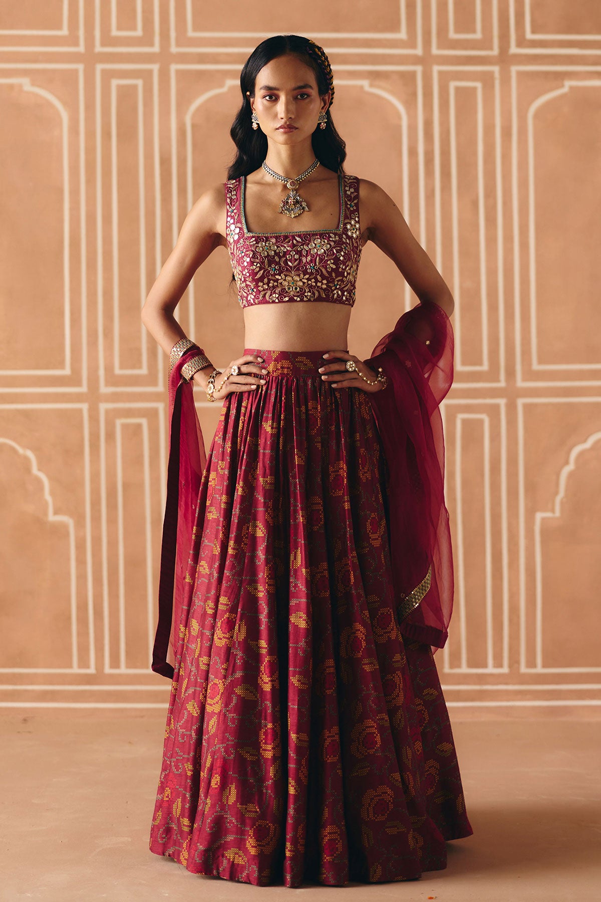 Berry plum gathered lehenga
