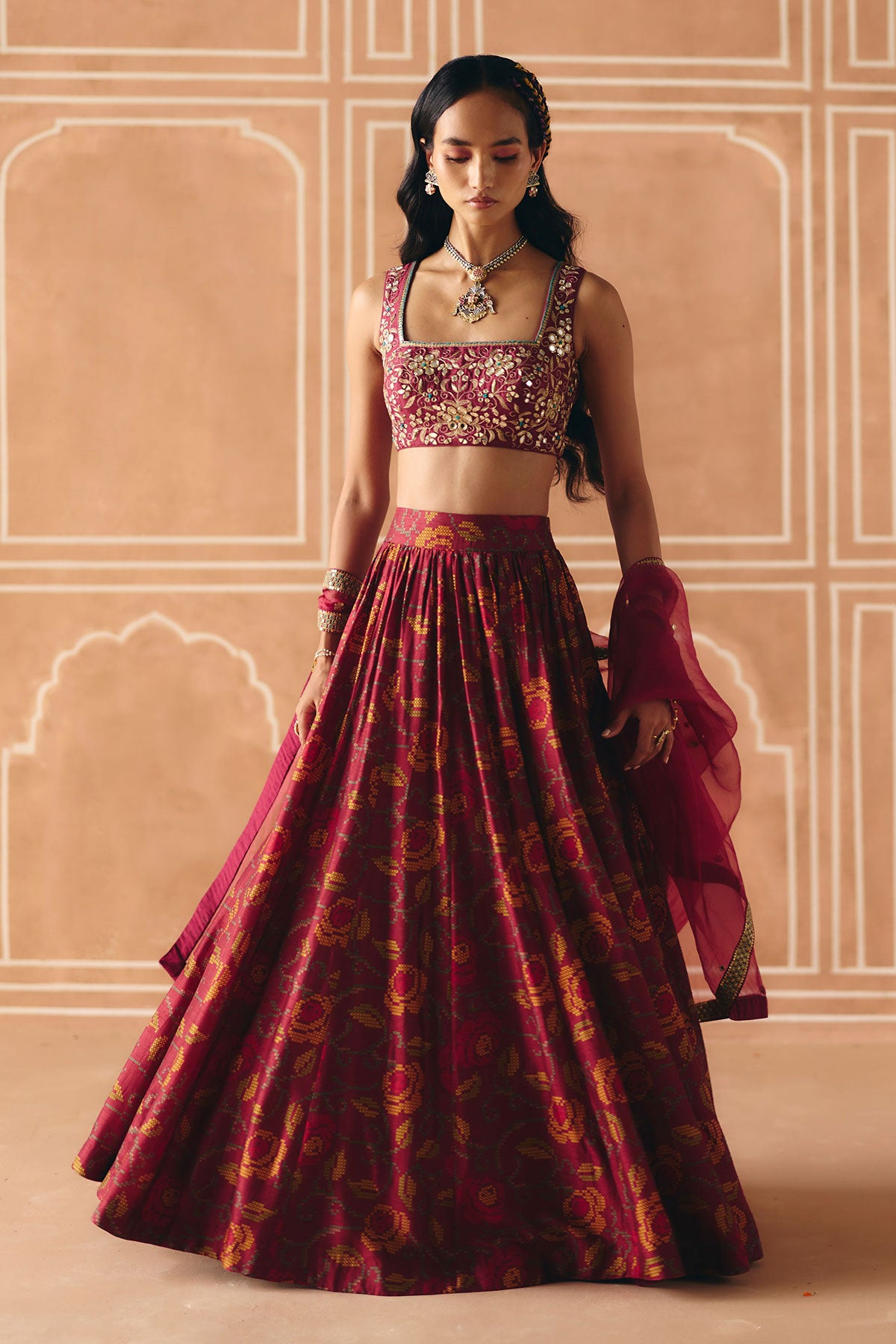 Berry plum gathered lehenga