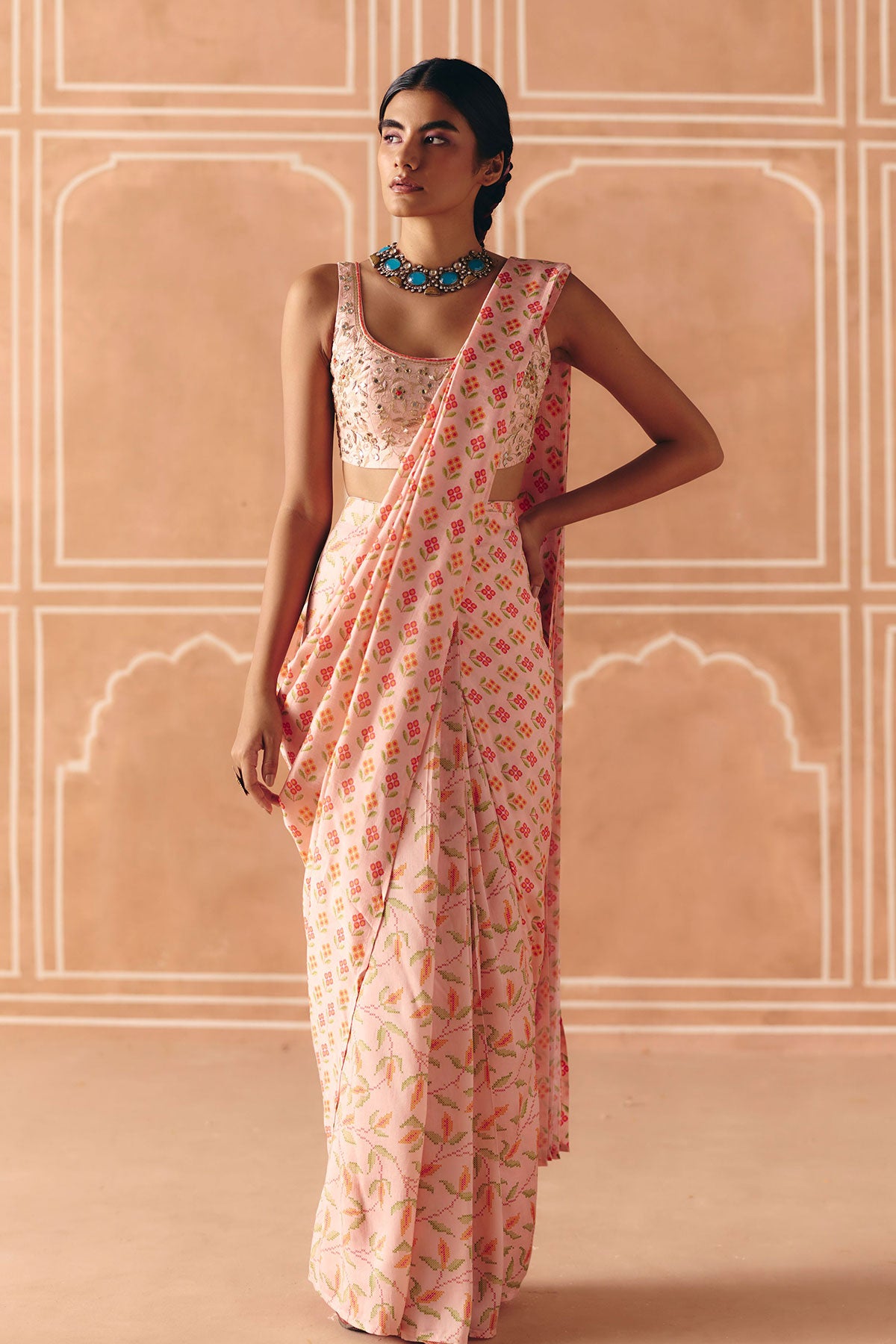 Blush pink pre draped saree