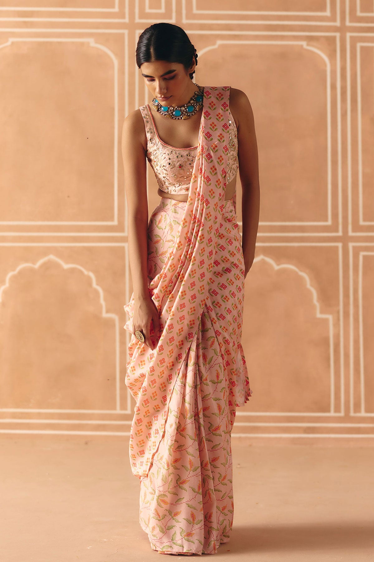 Blush pink pre draped saree