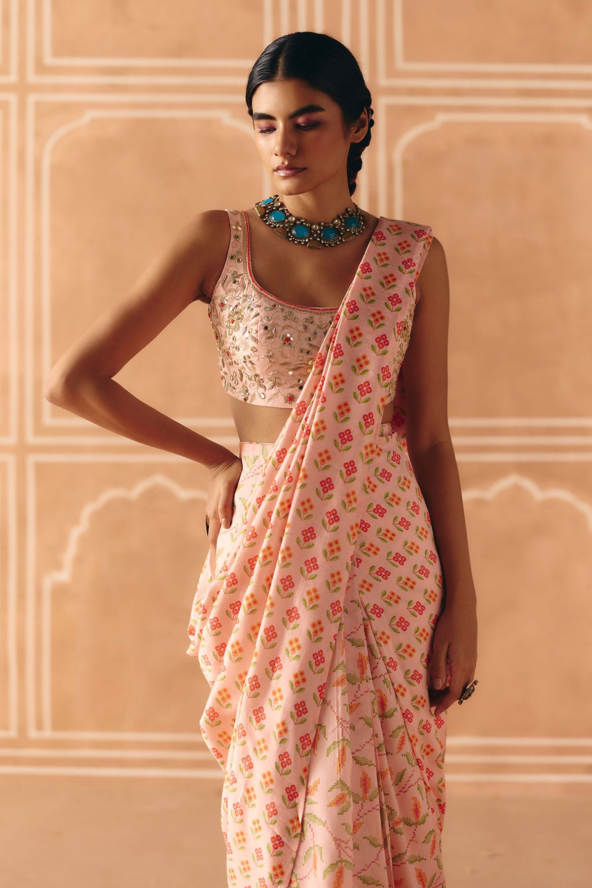 Blush pink pre draped saree