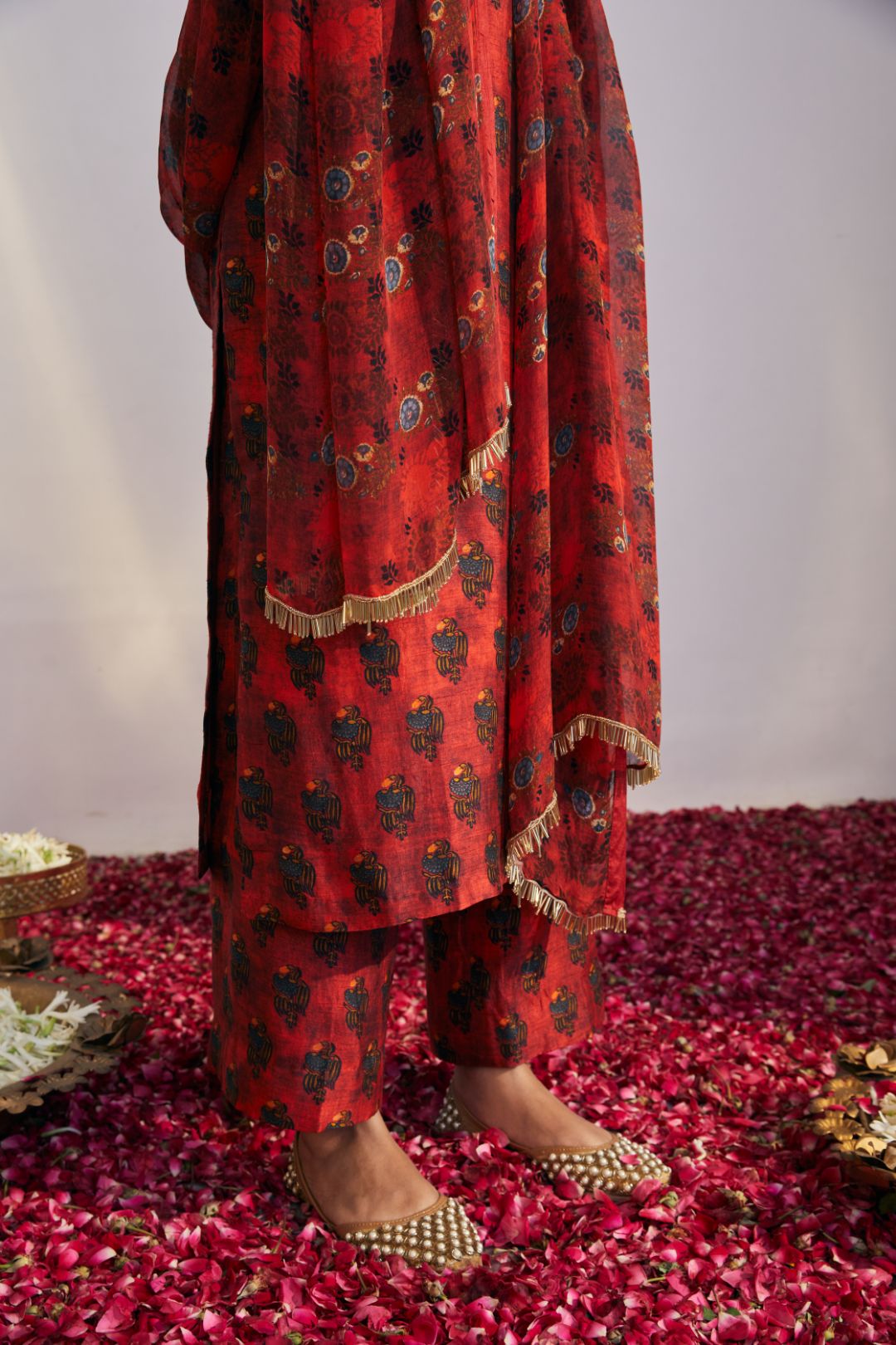 Cherry Red Kurta Set with Matching Pants and Organza Dupatta