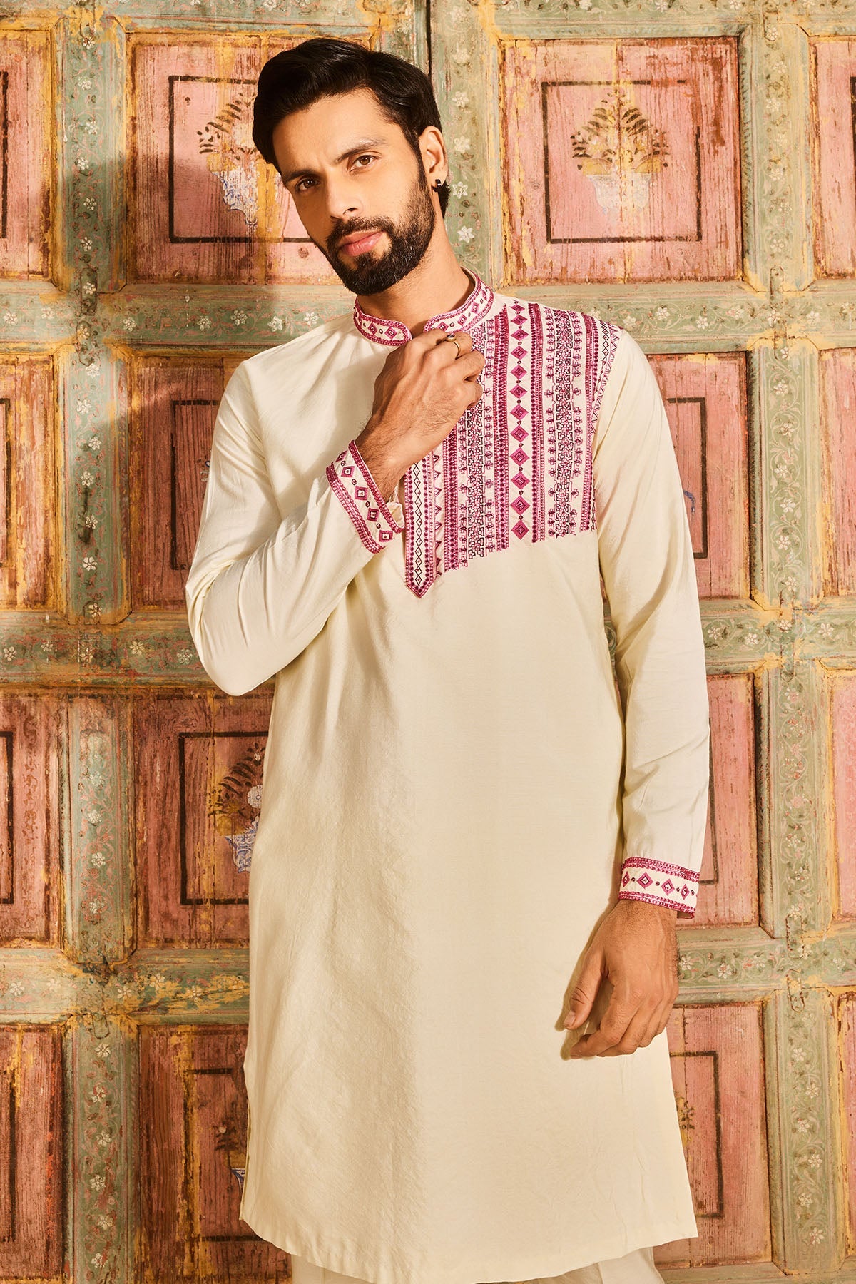 Pastel yellow one side thread embroidered kurta set