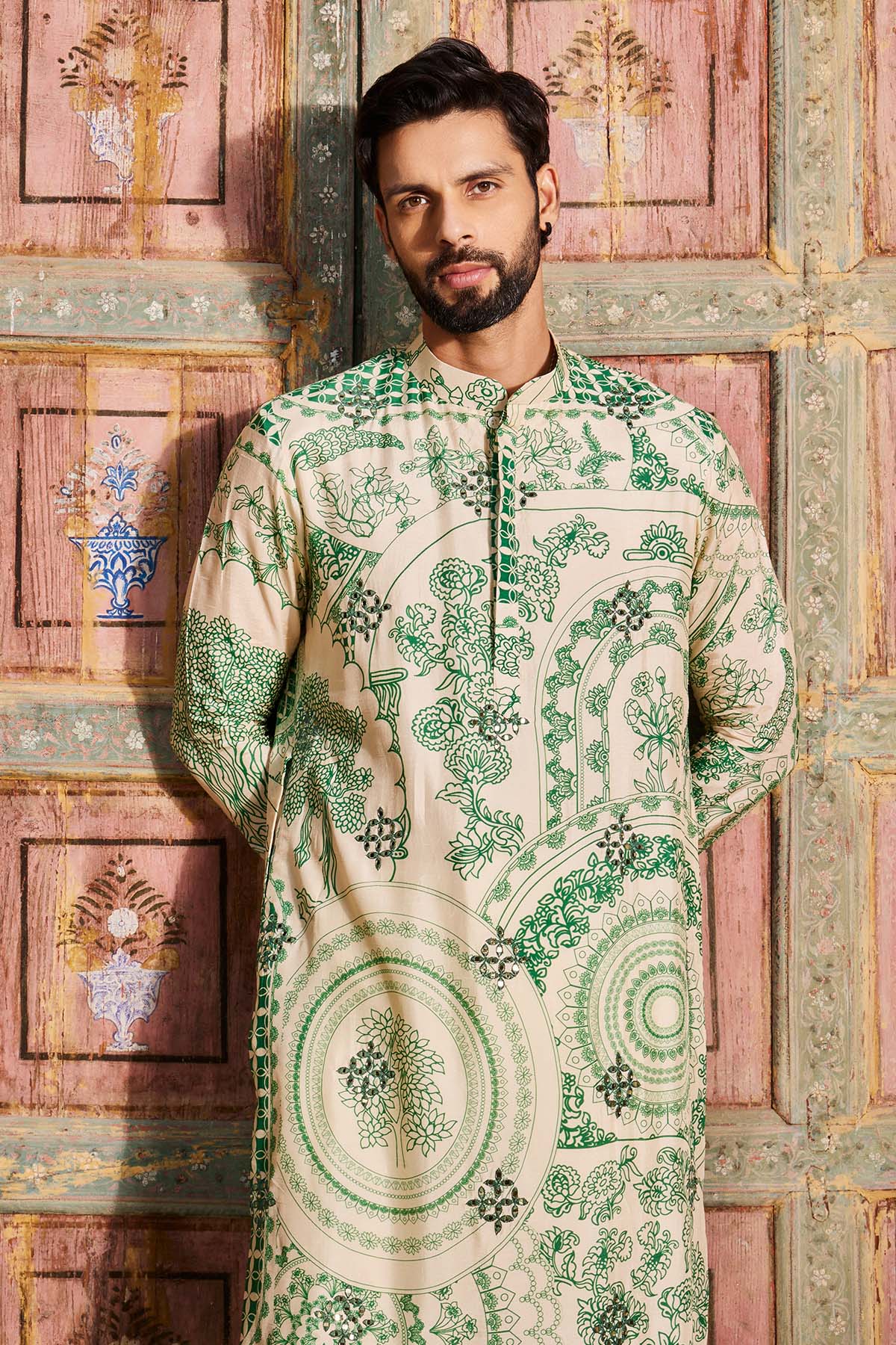DARK GREEN THIKRI PRINT & HIGHLIGHTED KURTA SET