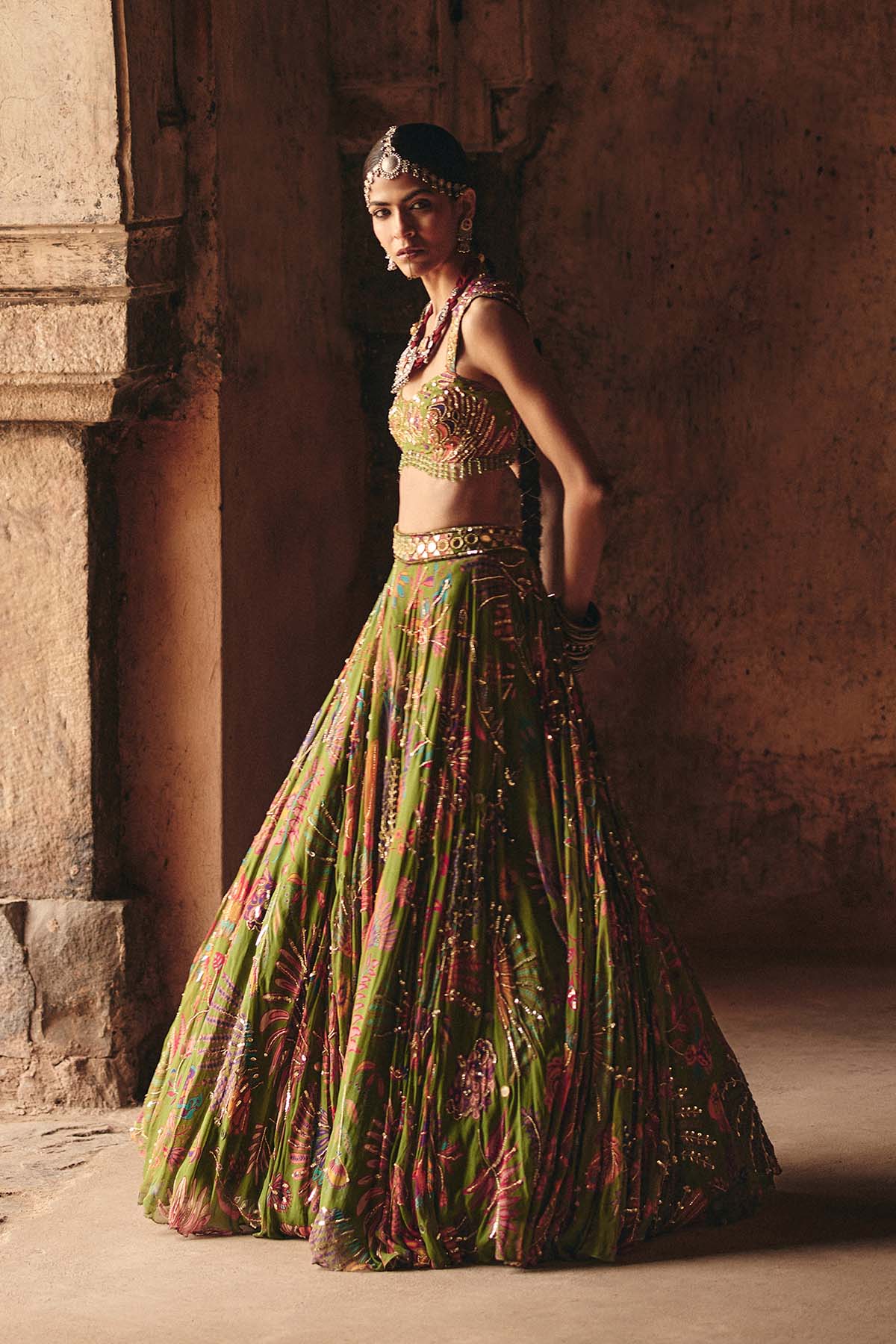 PEAR GREEN PRINTED AND HIGHLIGHTED LEHENGA SET