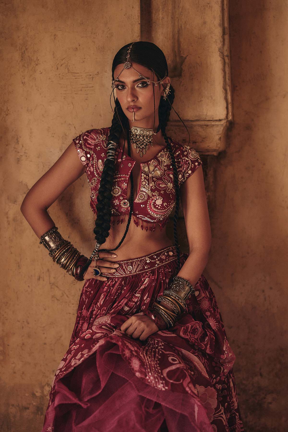 SCARLET RED PRINTED AND HIGHLIGHTED LEHENGA SET