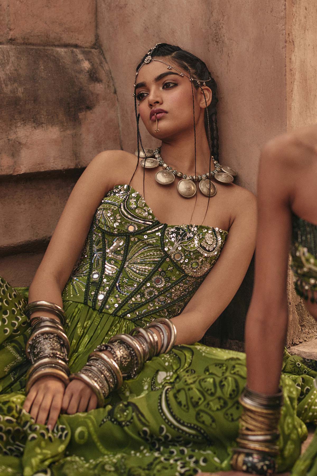 PEAR GREEN PRINT AND HIGHLIGHTED CORSET GOWN