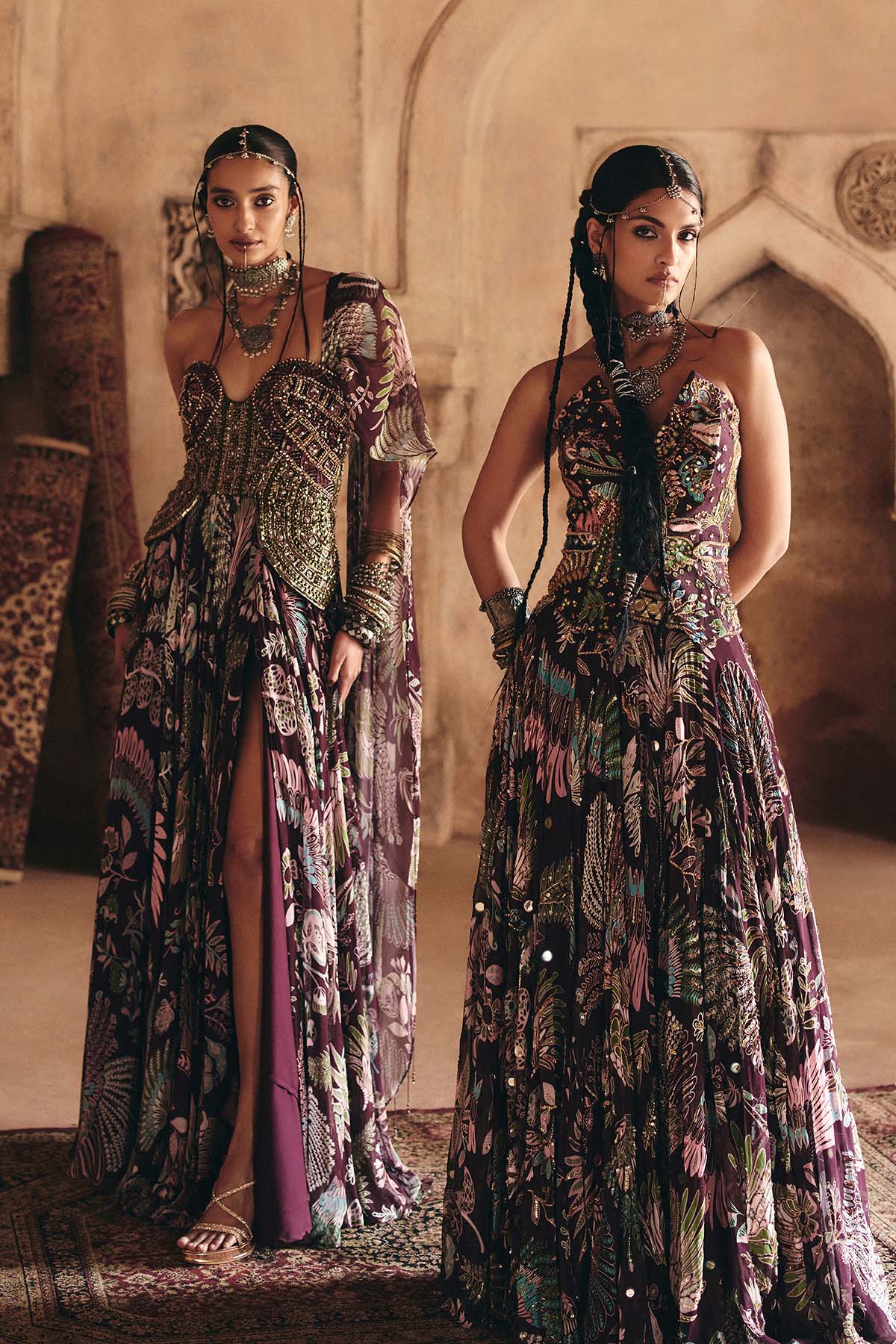 PLUM PRINTED AND HIGHLIGHTED CORSET LEHENGA SET