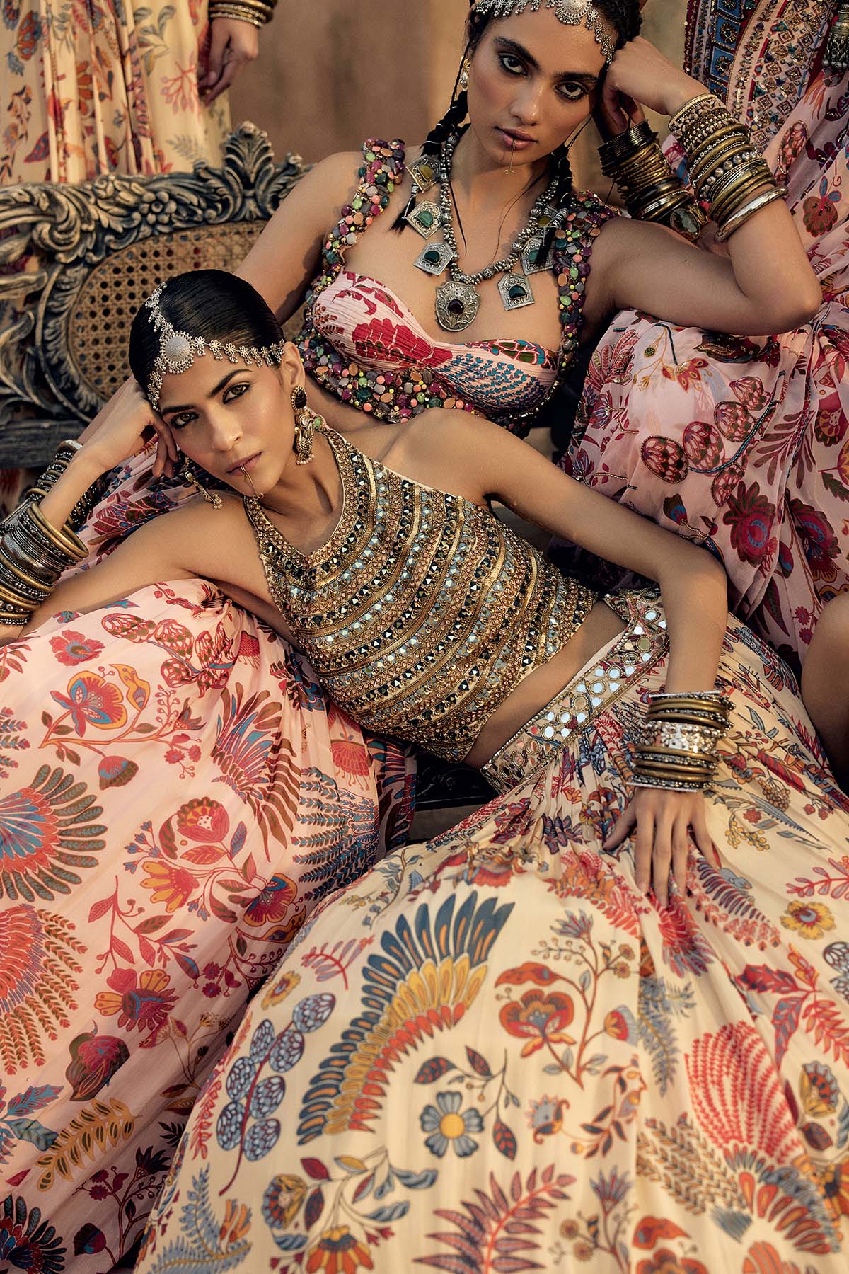 BEIGE EMBROIDERED BLOUSE WITH PRINTED AND EMBROIDERED LEHENGA SET