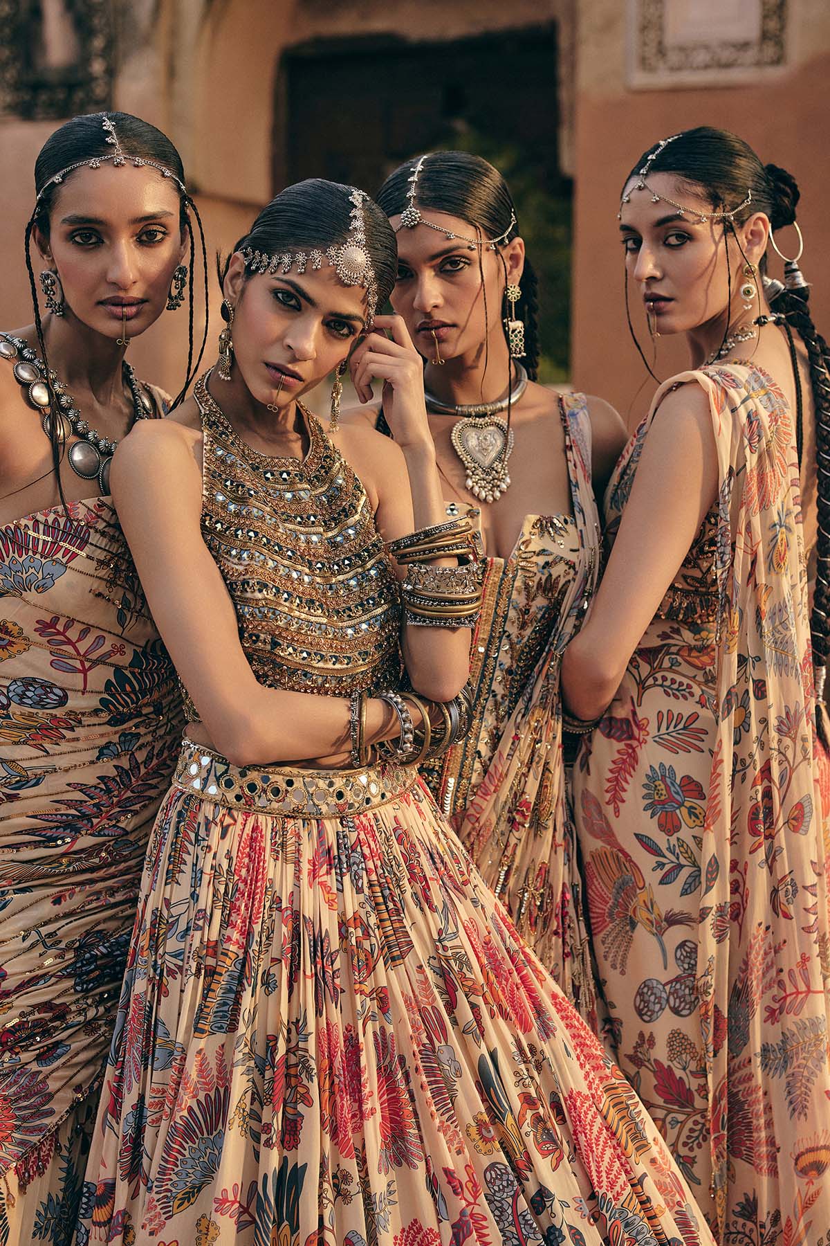 BEIGE EMBROIDERED BLOUSE WITH PRINTED AND EMBROIDERED LEHENGA SET