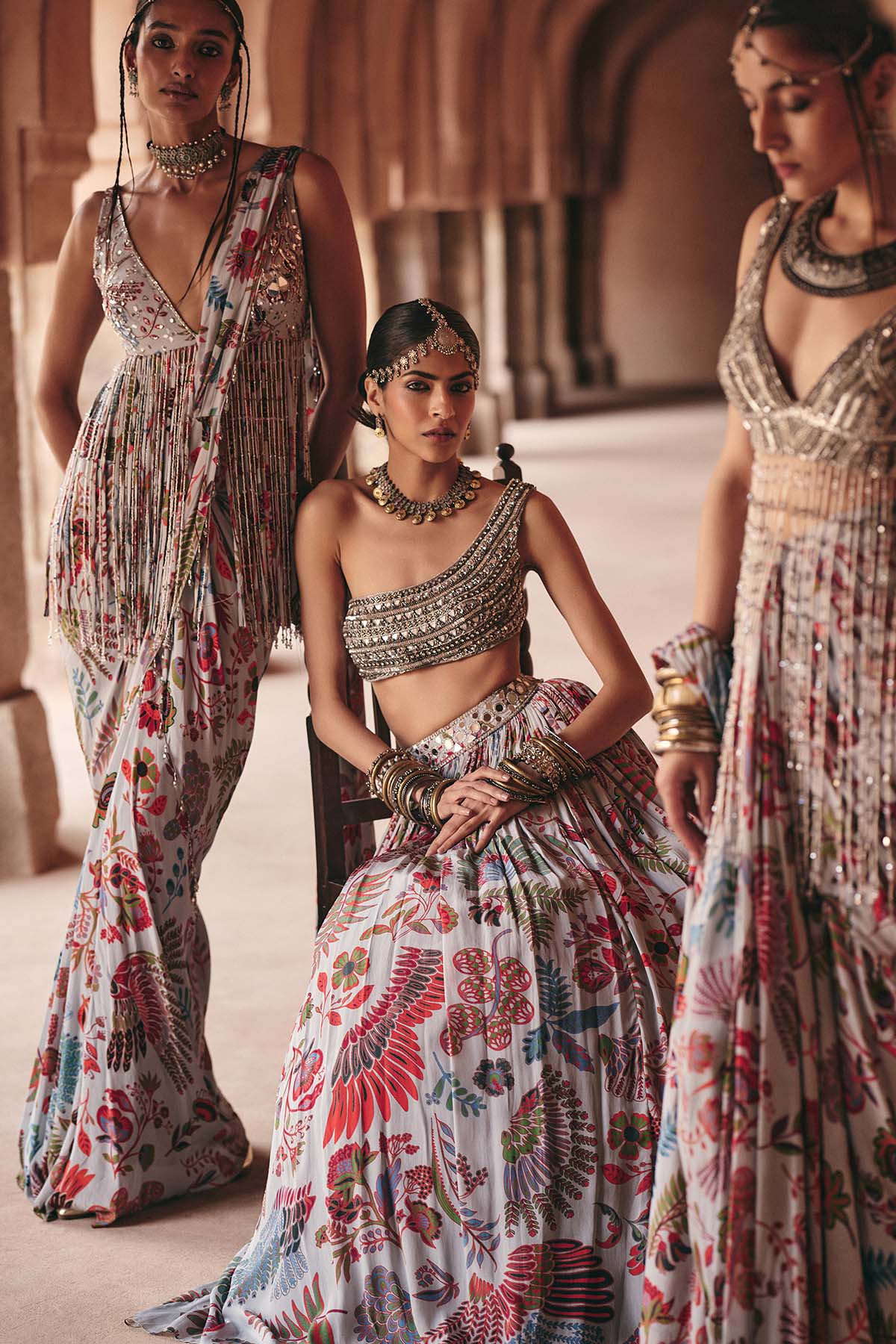 SLATE GREY EMBROIDERED BLOUSE WITH PRINTED LEHENGA SET