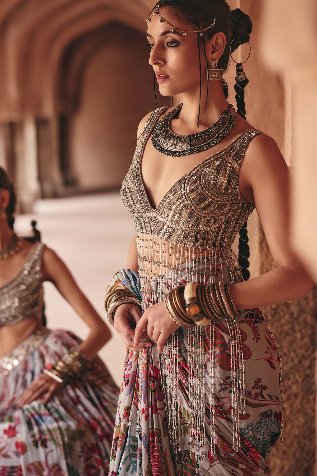 SLATE GREY EMBROIDERED BLOUSE WITH DHOTI SKIRT SAREE SET