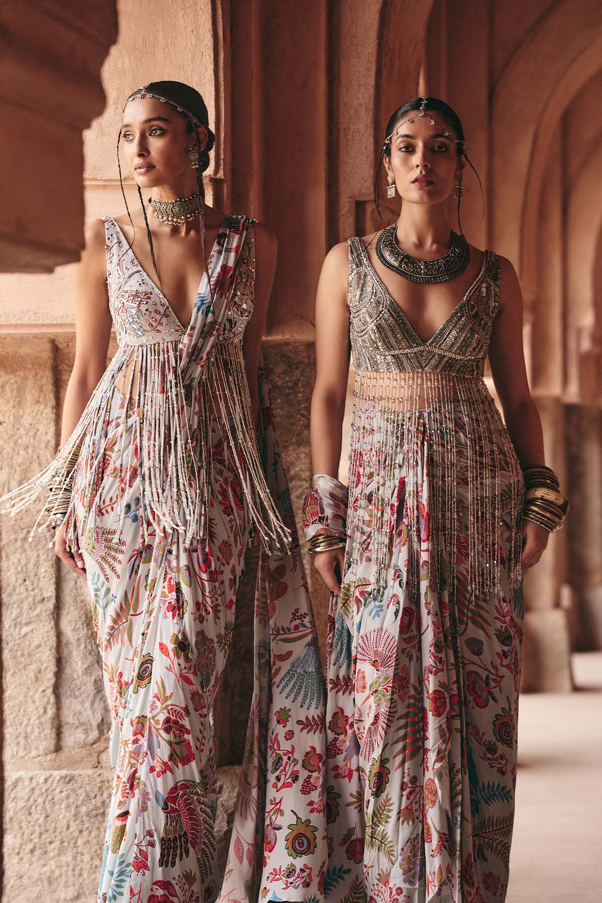 SLATE GREY EMBROIDERED BLOUSE WITH DHOTI SKIRT SAREE SET