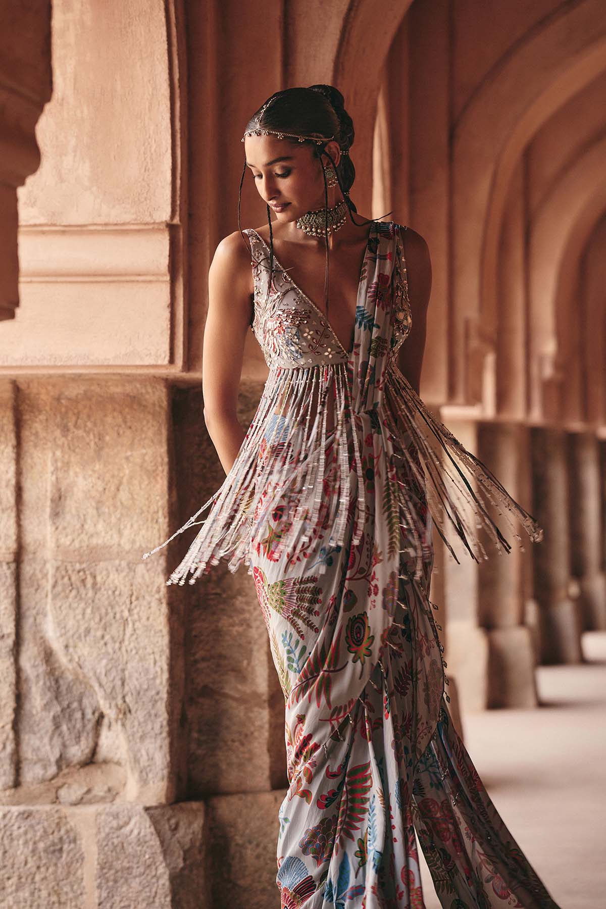 SLATE GREY PRINTED AND HIGHLIGHTED DHOTI SKIRT SAREE SET