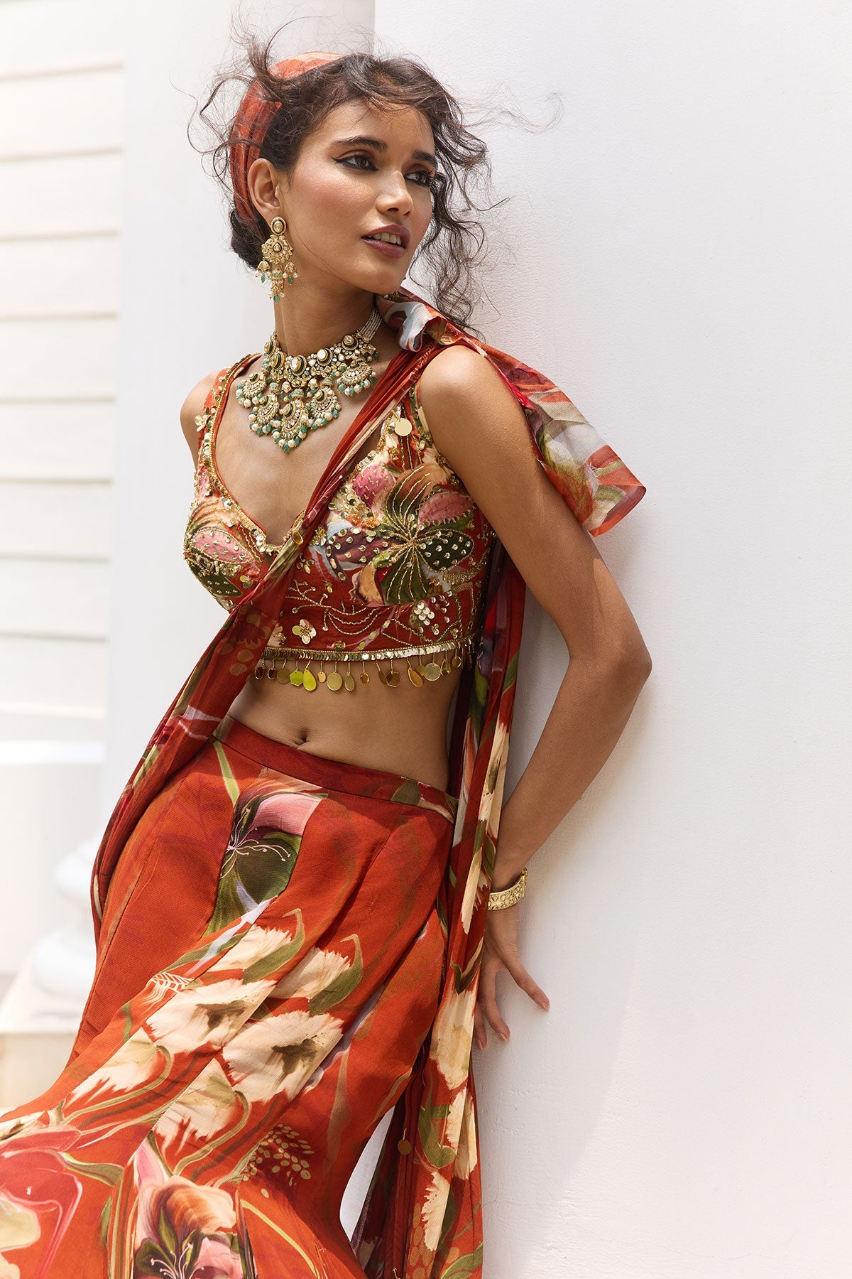 Rust Floral Print And Highlighted Mermaid Saree Set