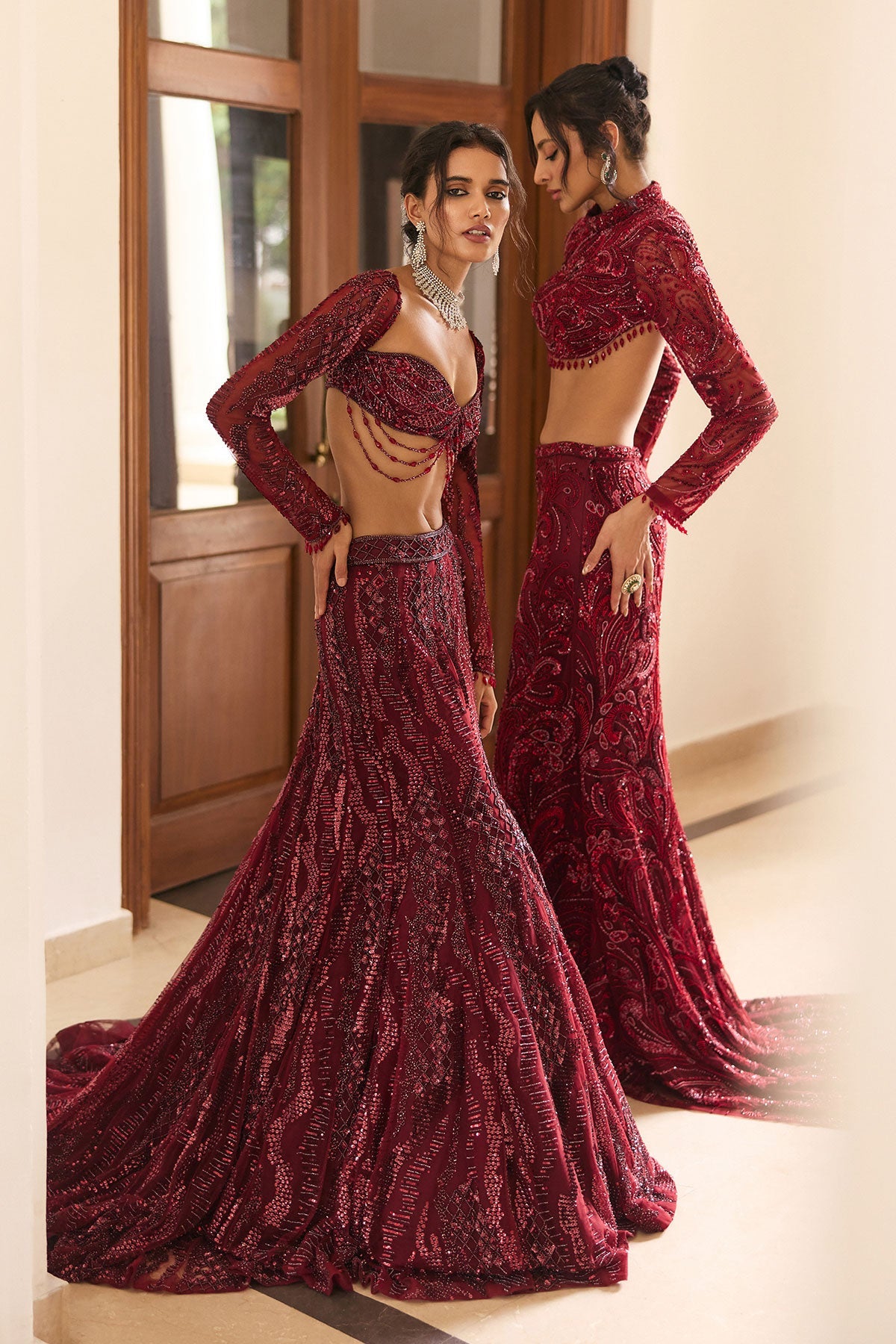 Maroon Embellished Mermaid Lehenag Set