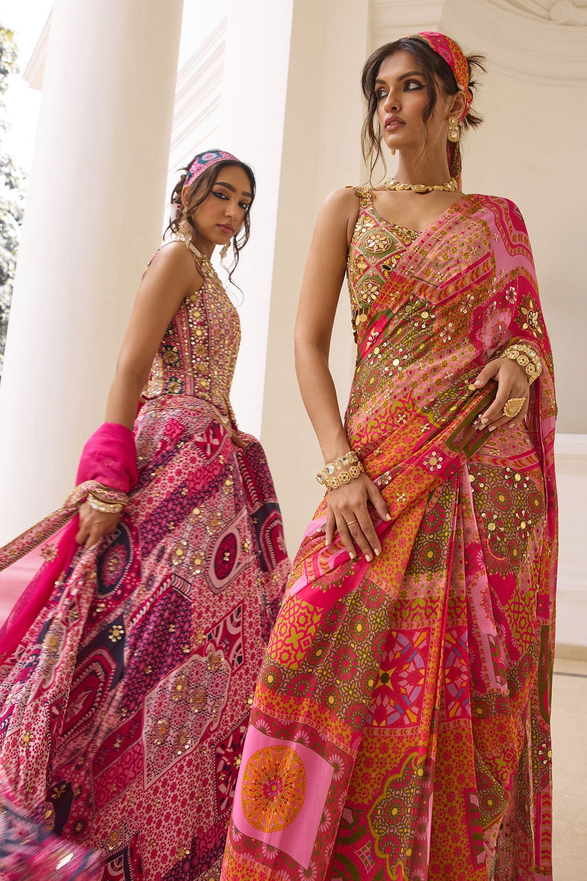 Sage Butta Print And Highlighted One-Shoulder Blouse With Yellow-Fuschia Pre-Draped Classic Saree Set - Ready To Ship