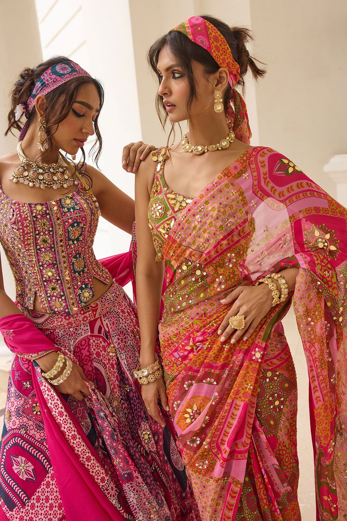 Sage Butta Print And Highlighted One-Shoulder Blouse With Yellow-Fuschia Pre-Draped Classic Saree Set - Ready To Ship
