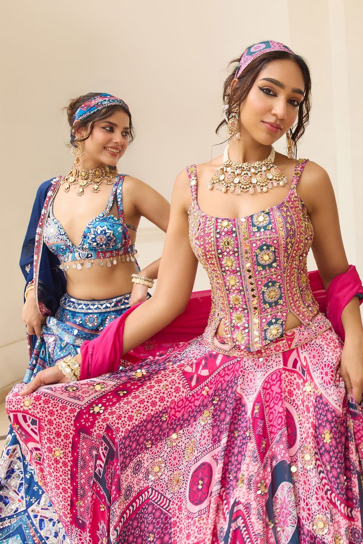 Fuschia Print And Highlighted Corset Blouse Lehenga Set