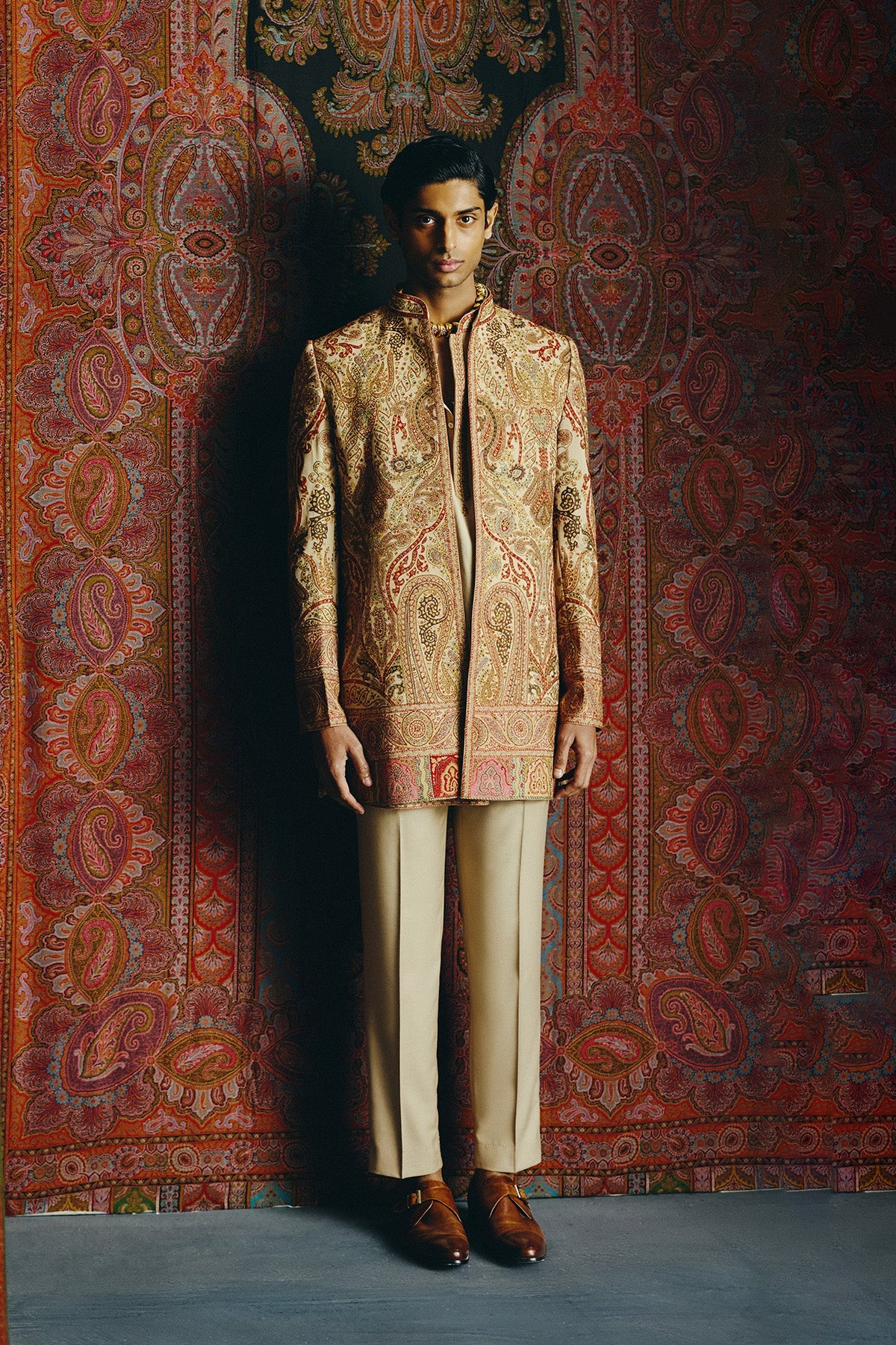 Saffron Kashida Open Jacket with Short kurta and Trouser set