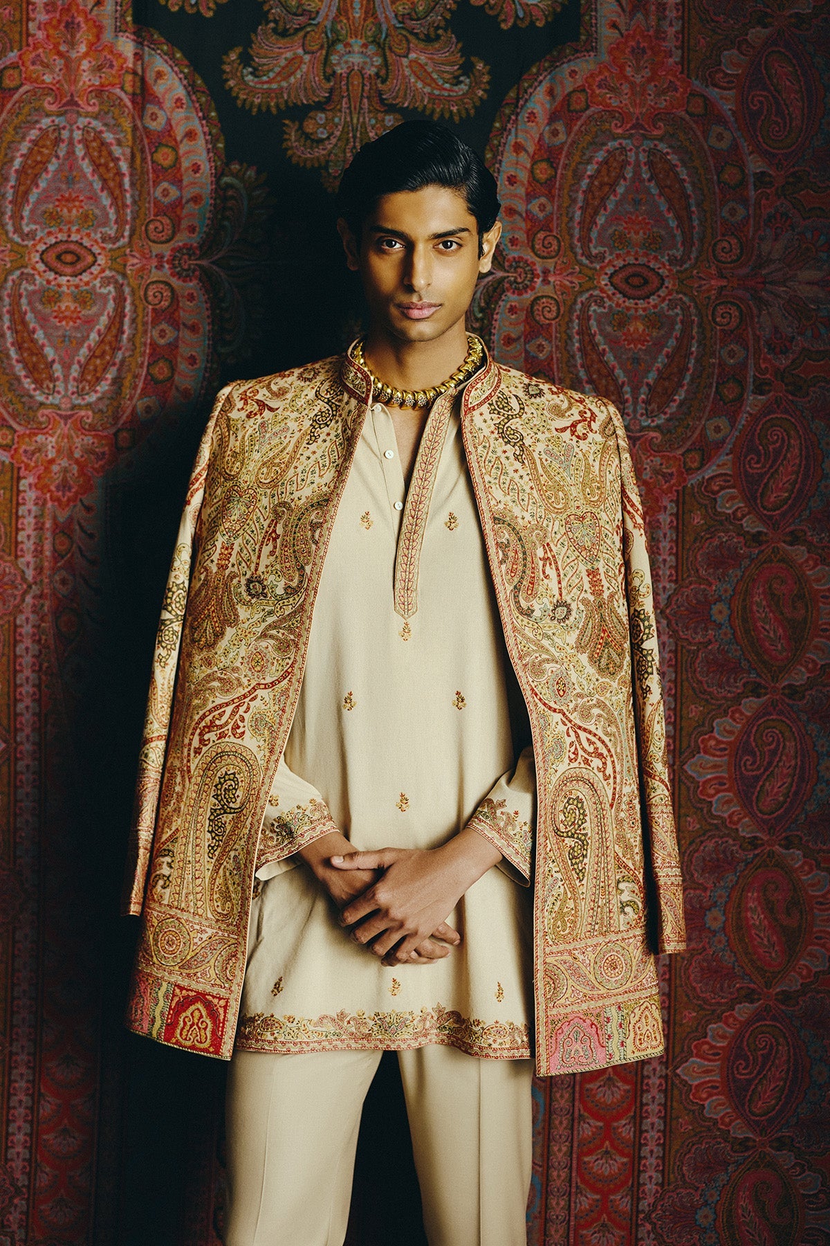 Saffron Kashida Open Jacket with Short kurta and Trouser set