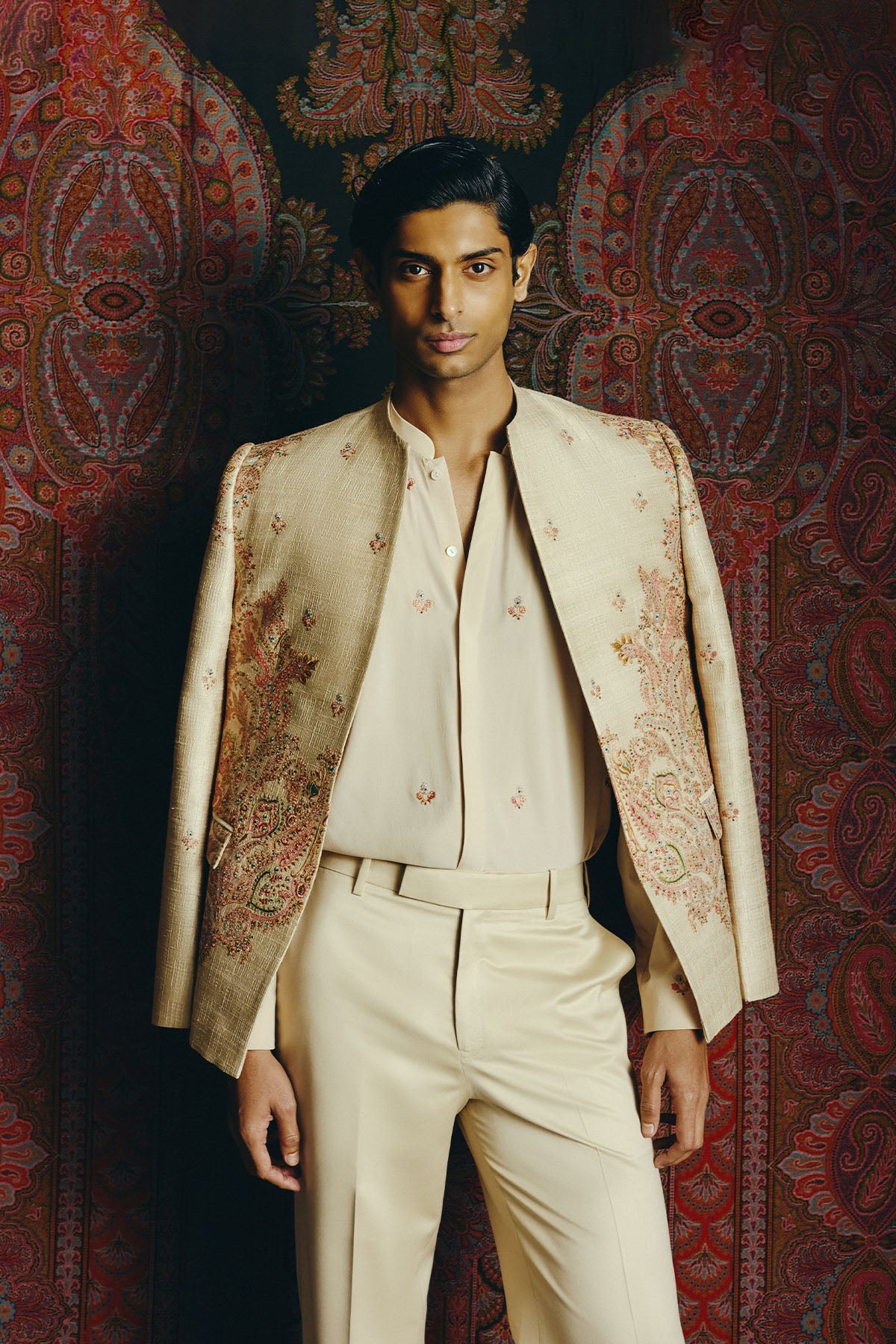 Nocturne Kashida Open Jacket with Shirt & Pant Set