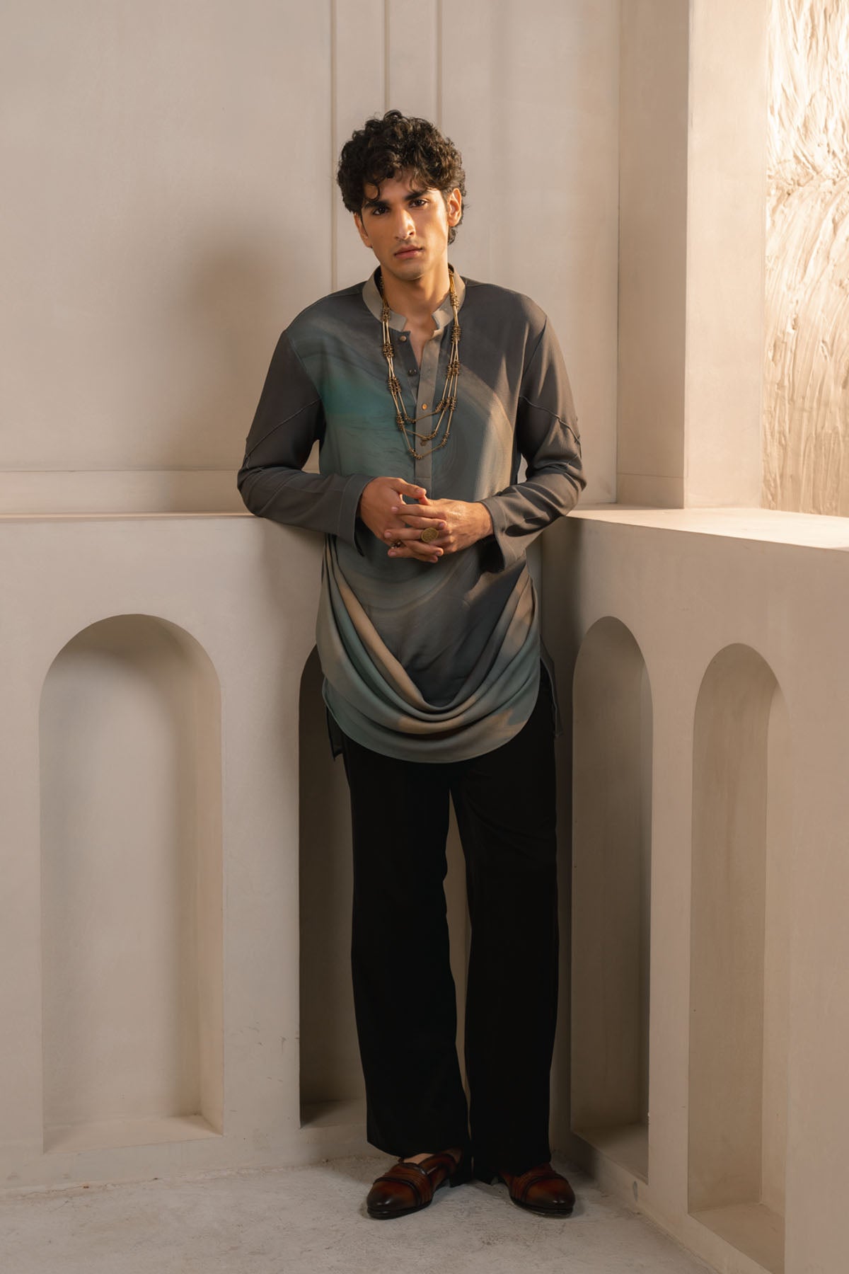 Grey Crepe Drape Kurta Set