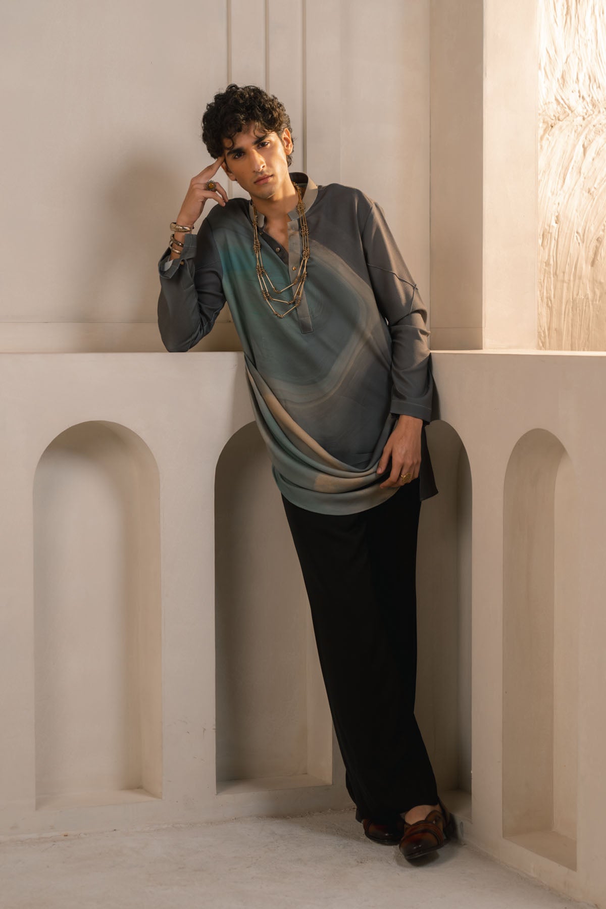 Grey Crepe Drape Kurta Set