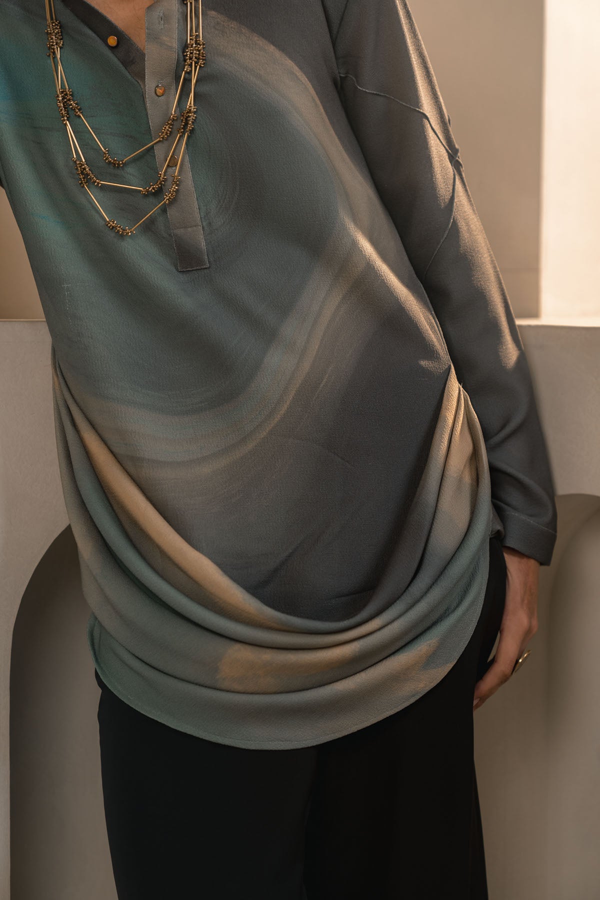 Grey Crepe Drape Kurta Set