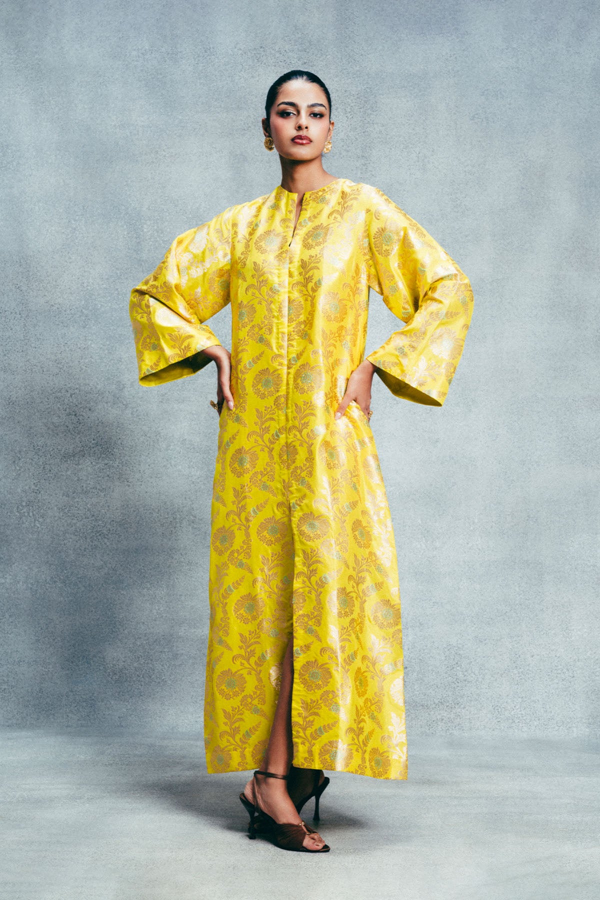 Handwoven Canary Yellow Banarasi Kaftan