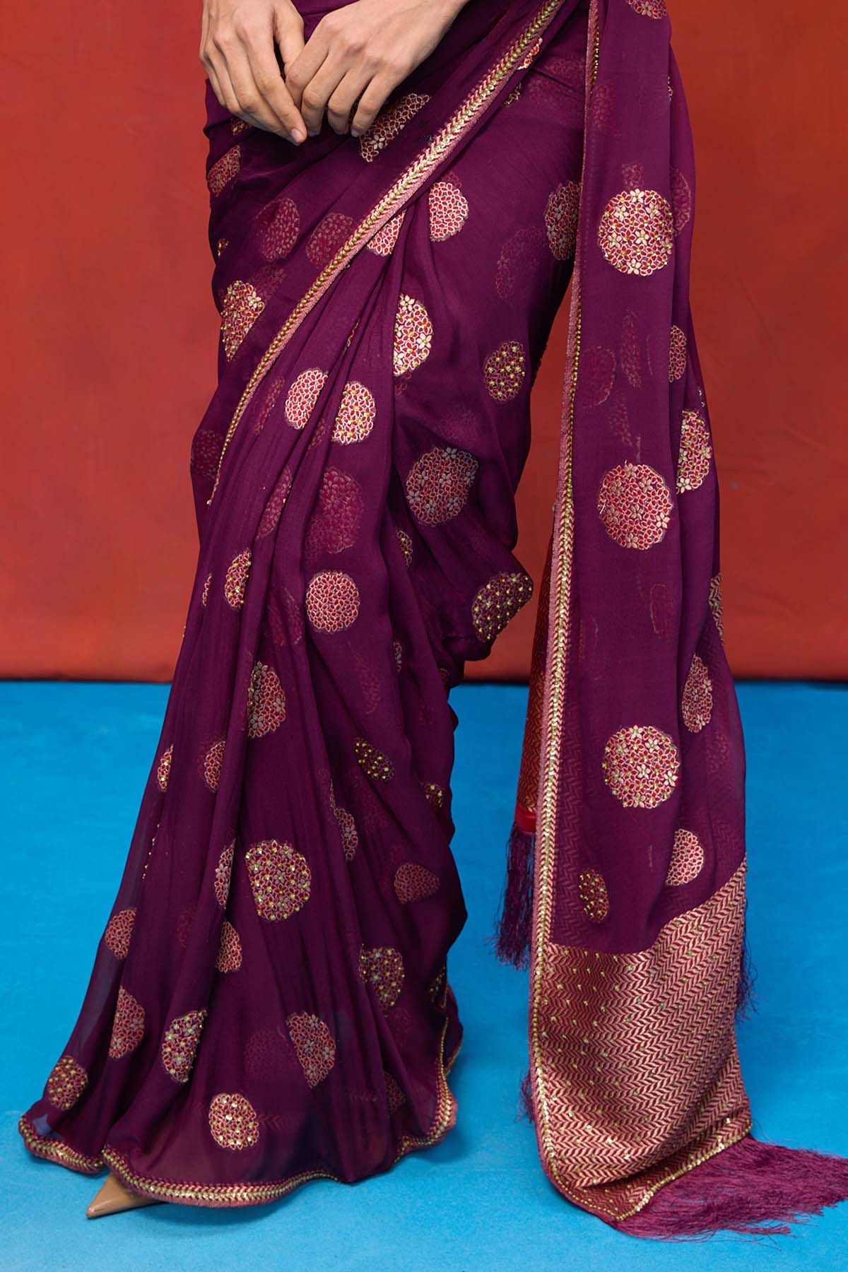 Handwoven Wine Chiffon Banarasi Saree