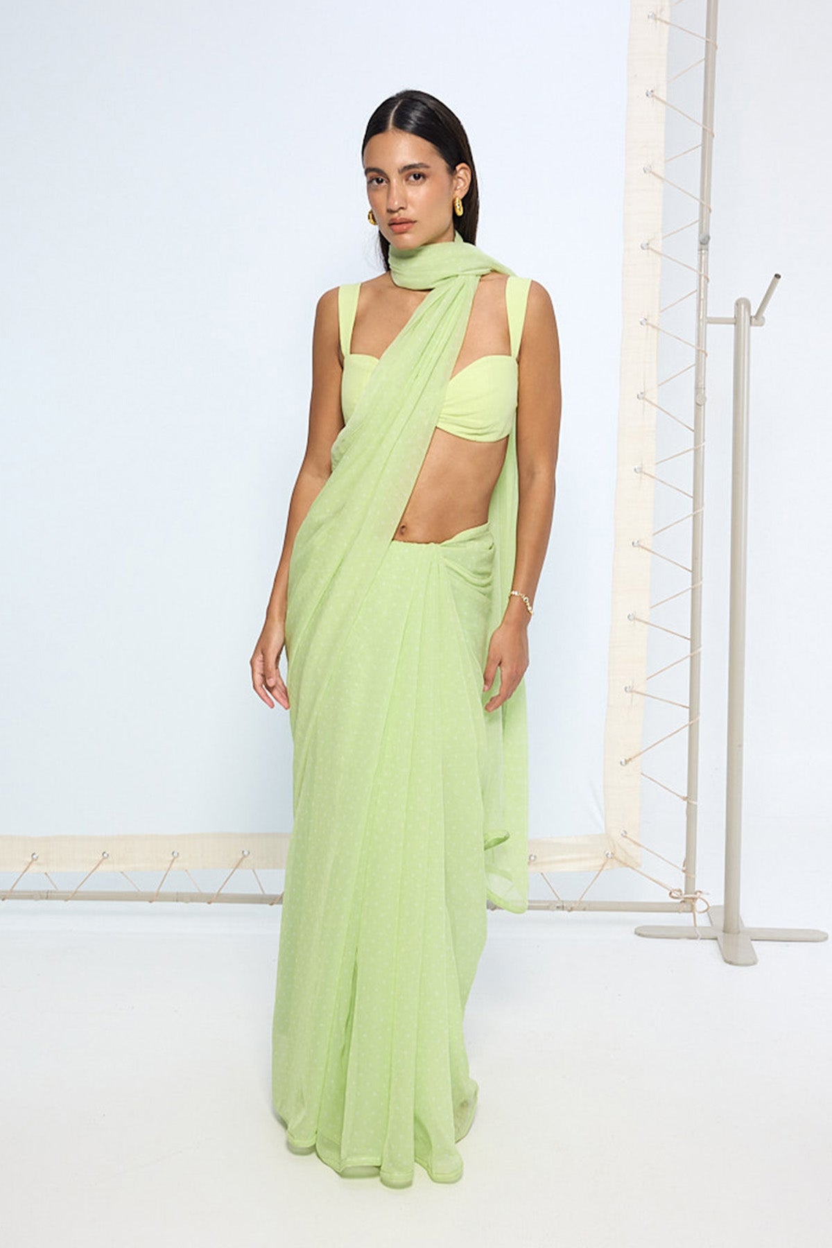 Lime Green Polka Dotted Saree