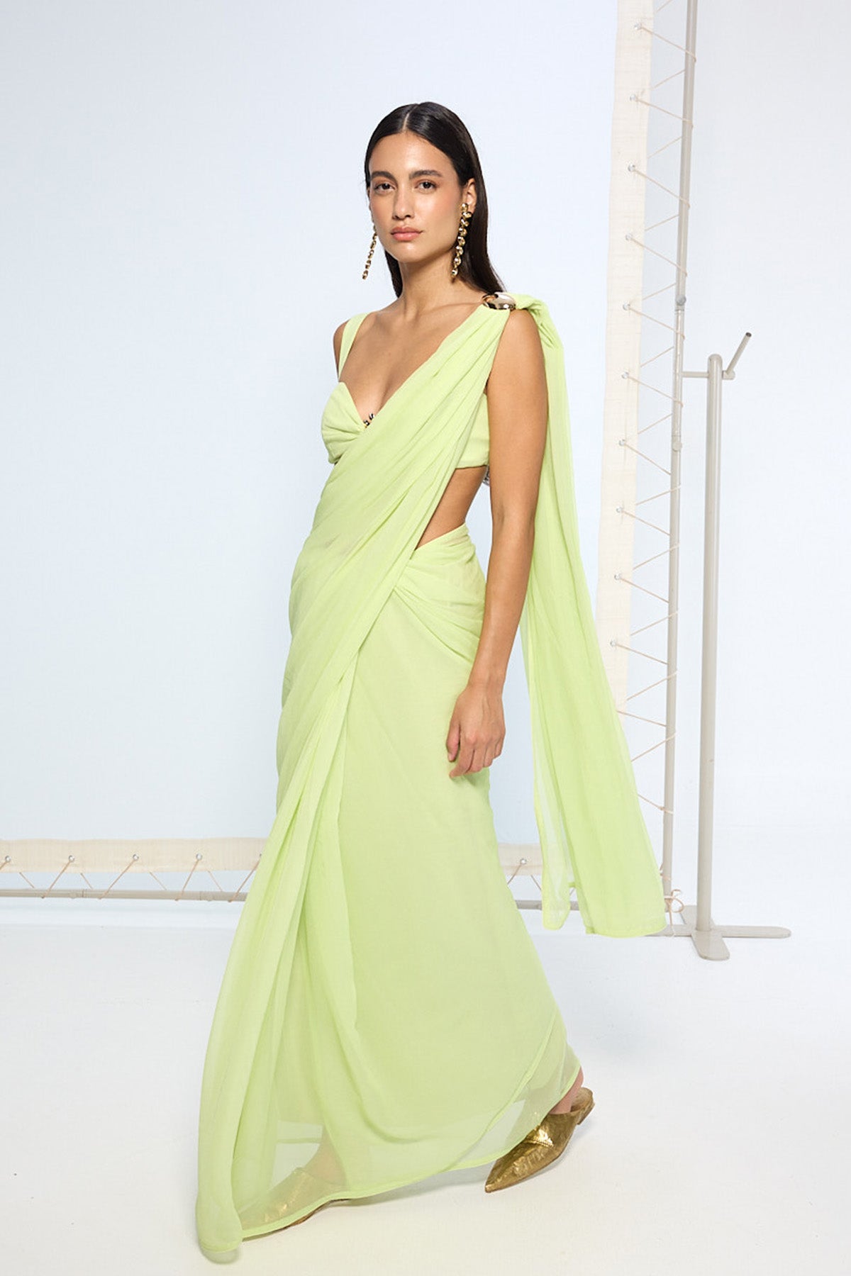 Lime Green Movable Brooch Saree