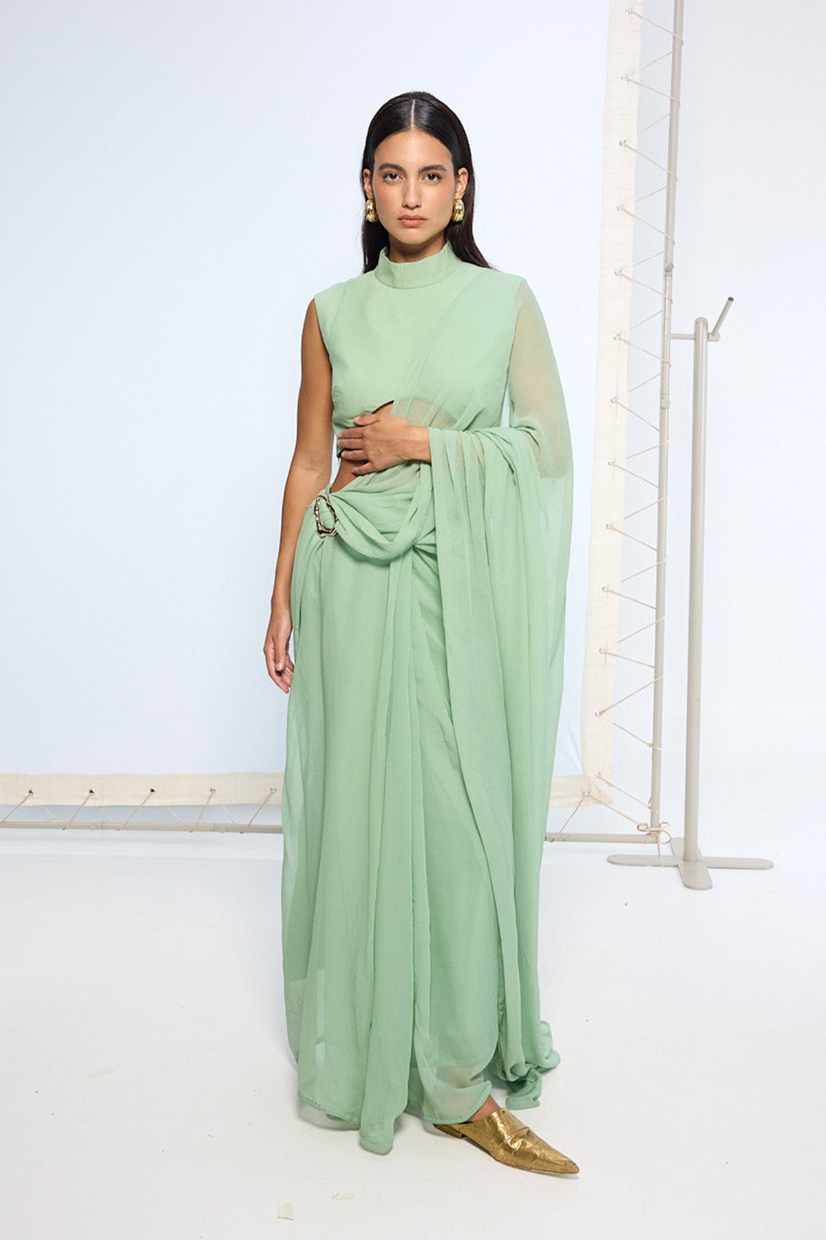 Pale Green Brooch Saree