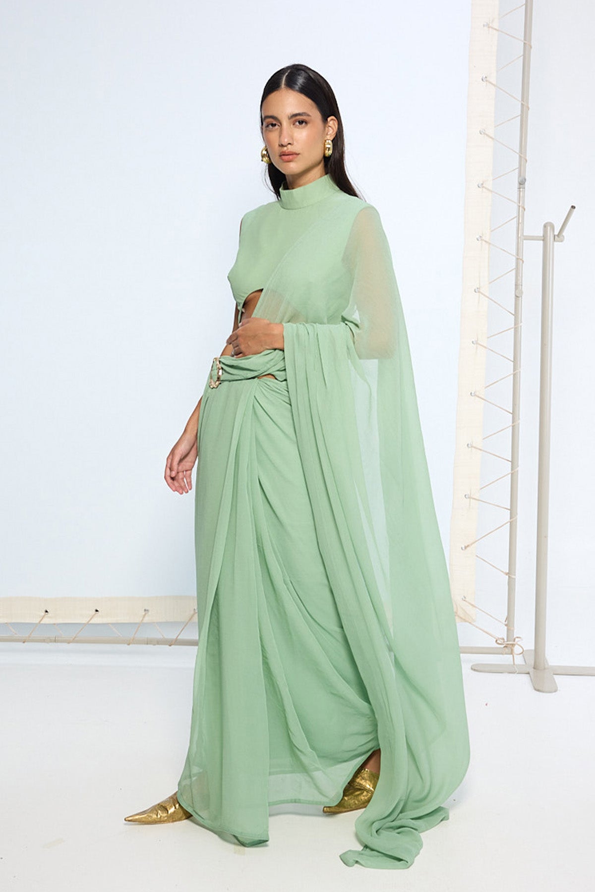 Pale Green Brooch Saree