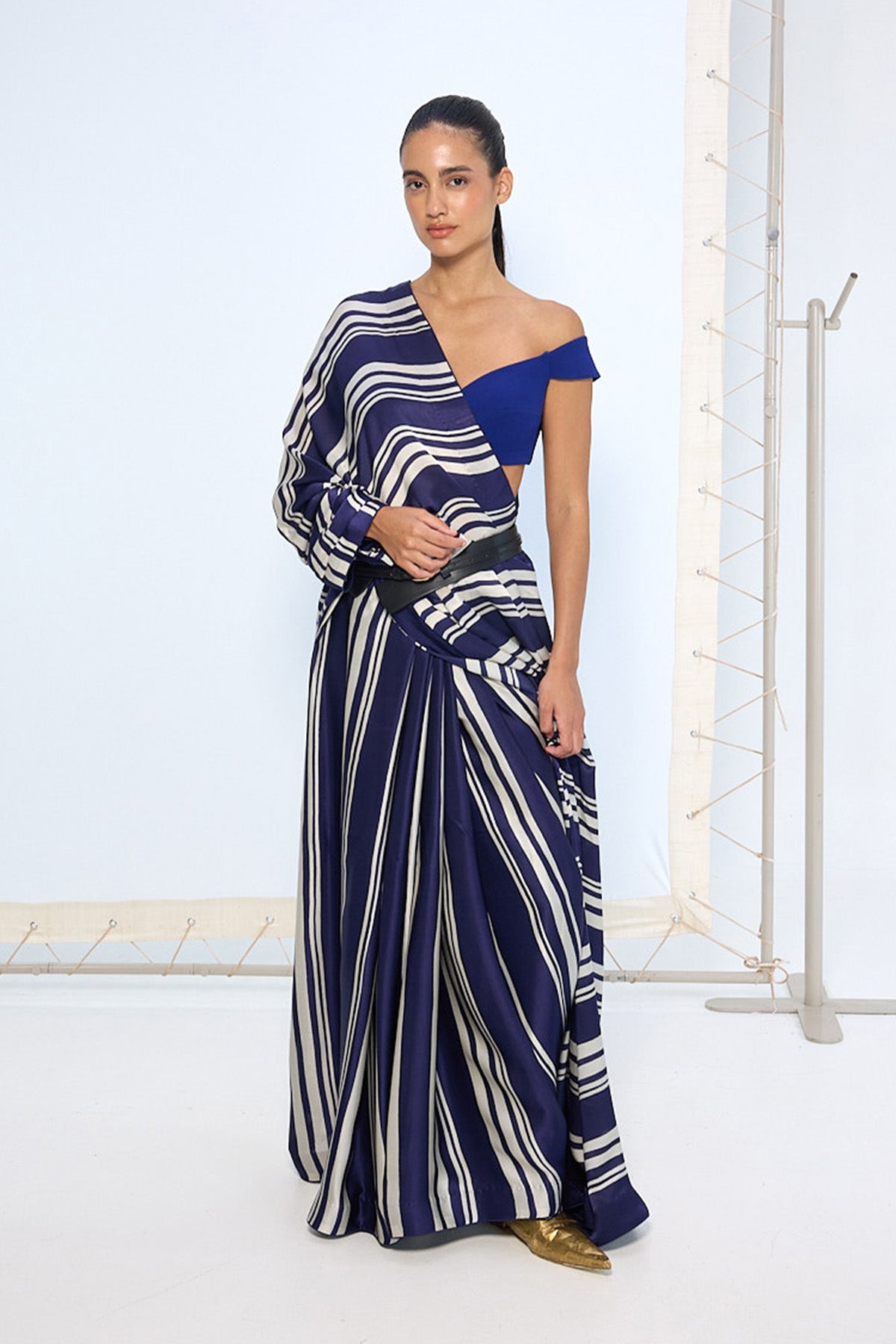 Navy Striped Printed Saree
