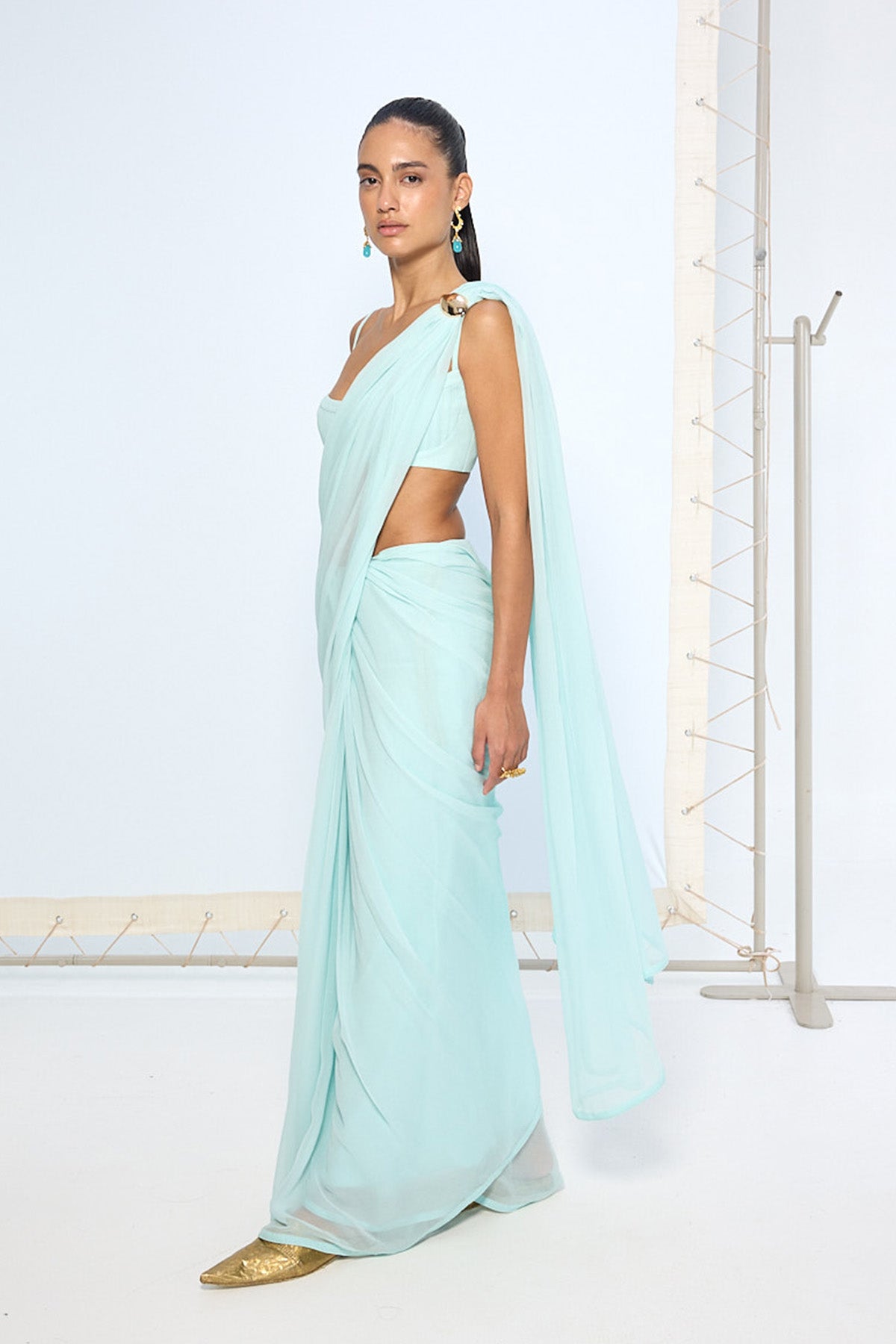 Ice Blue Movable Brooch Saree