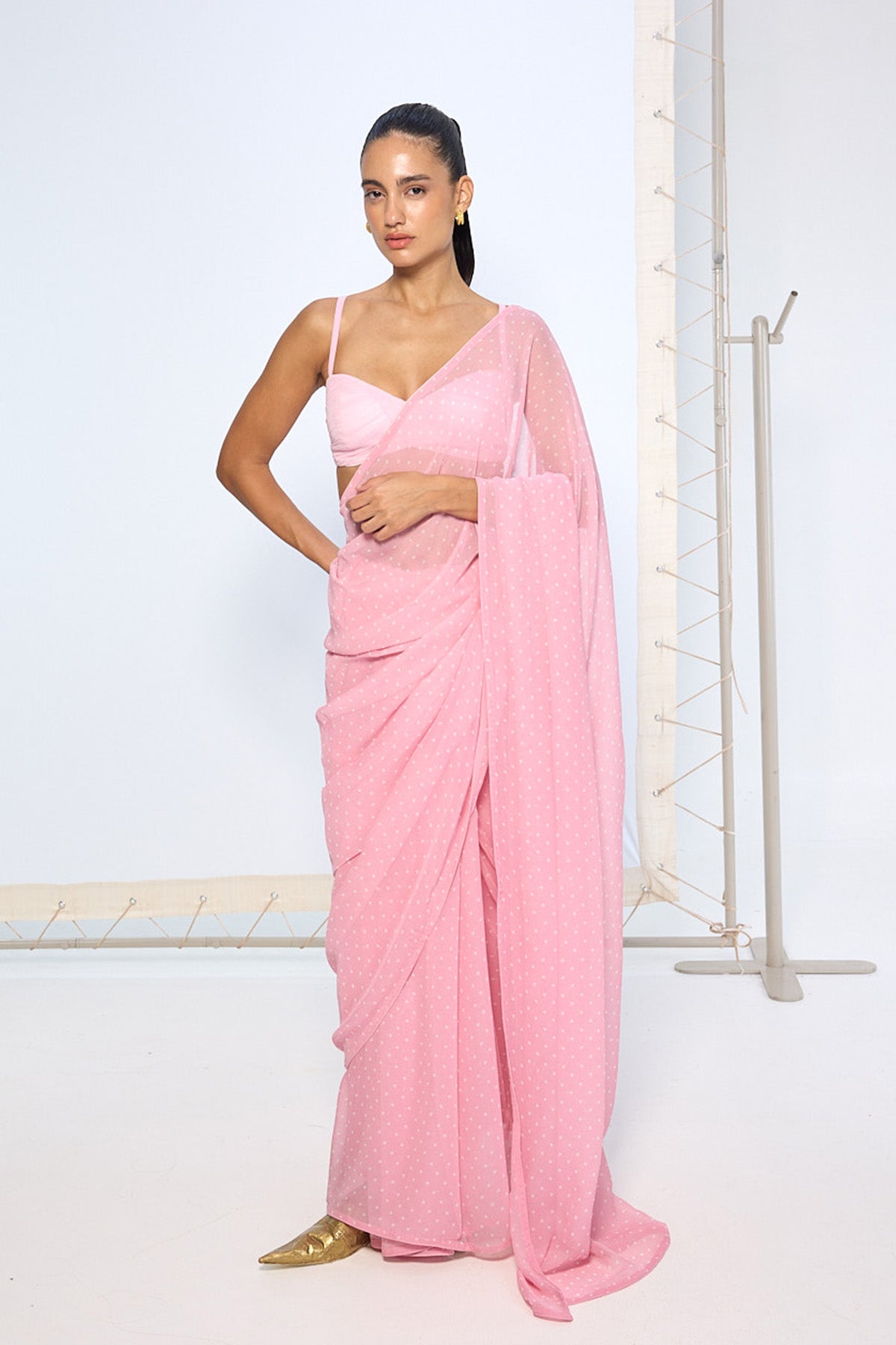 Strawberry Pink Polka Dotted Saree