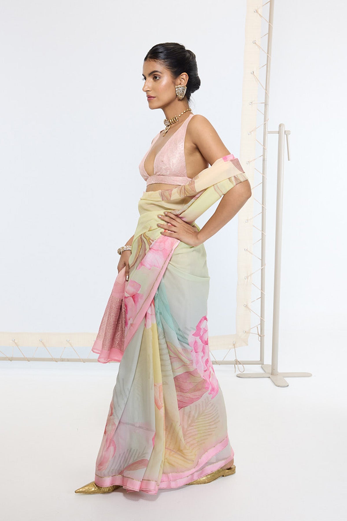 Handwoven Banana Cream Printed Saree