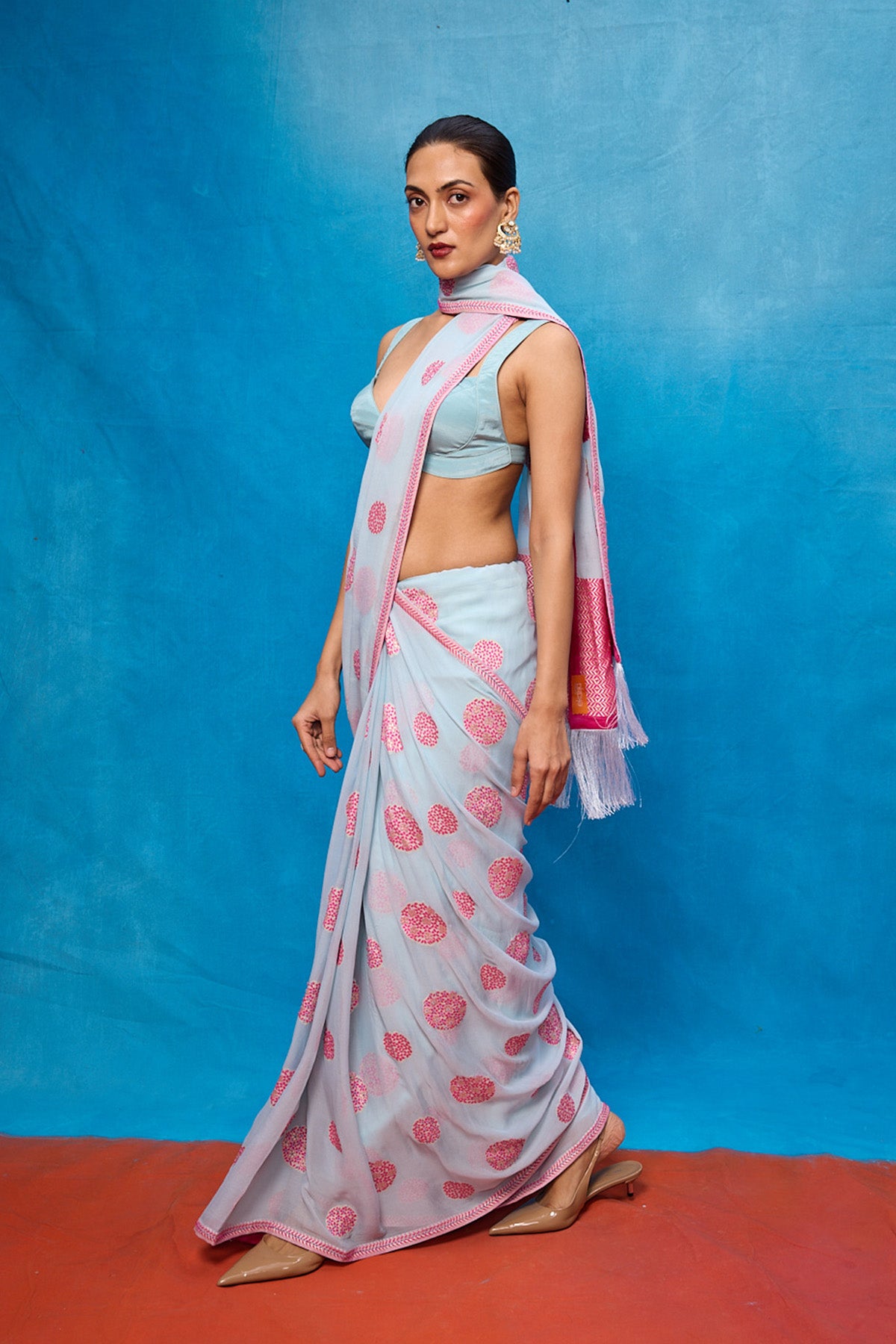 Handwoven Ice Blue Chiffon Banarasi Saree