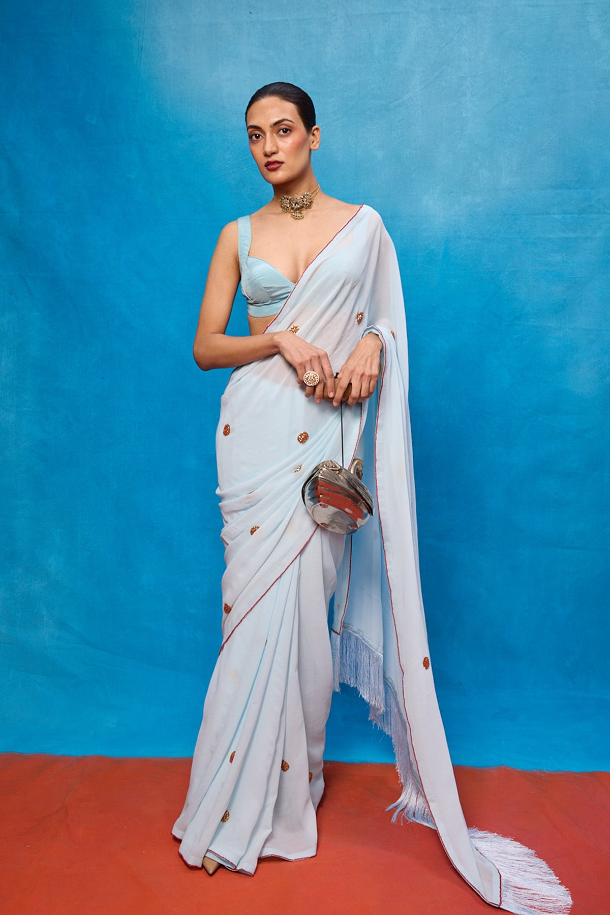 Handwoven Ice Blue Georgette Embroidered Saree
