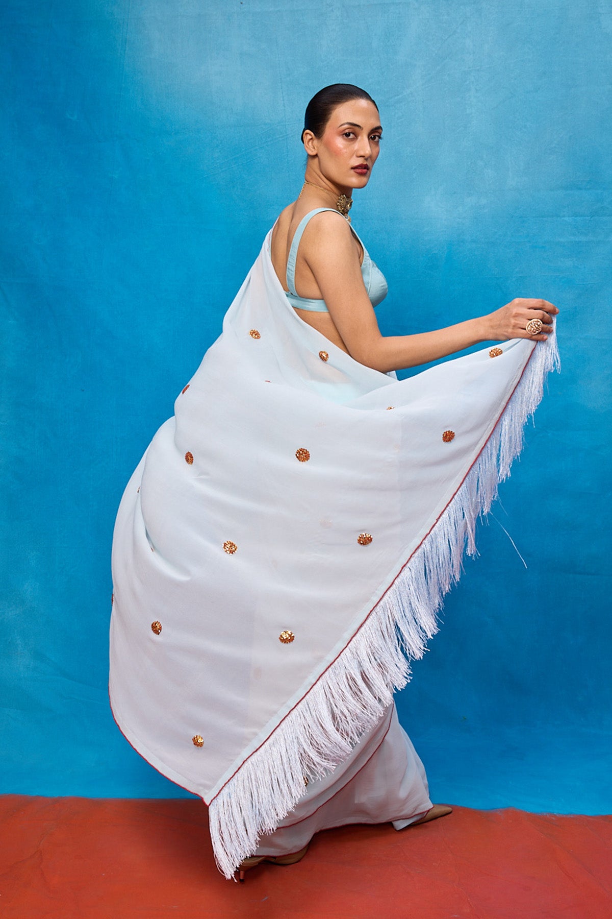 Handwoven Ice Blue Georgette Embroidered Saree