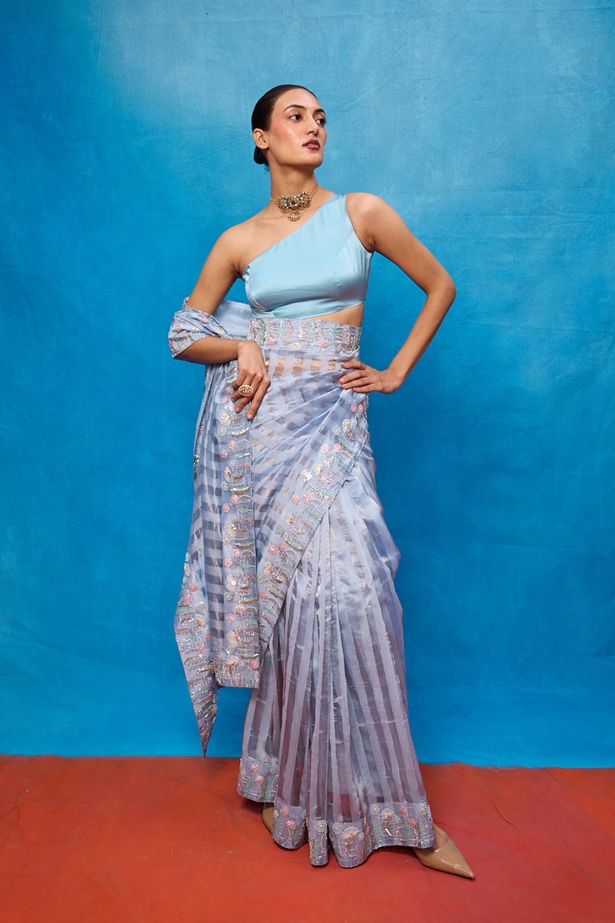 Handwoven Ice Blue Tissue Embroidered Saree