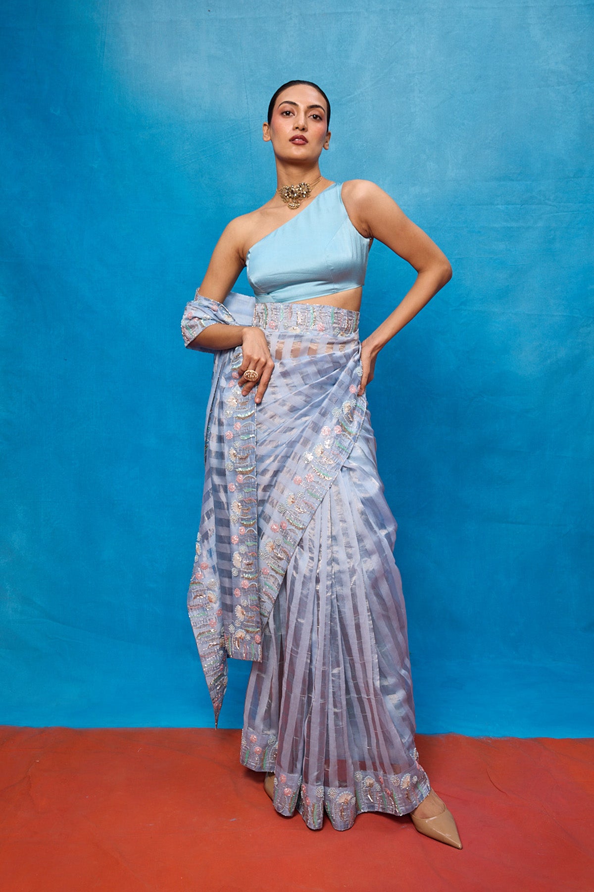 Handwoven Ice Blue Tissue Embroidered Saree