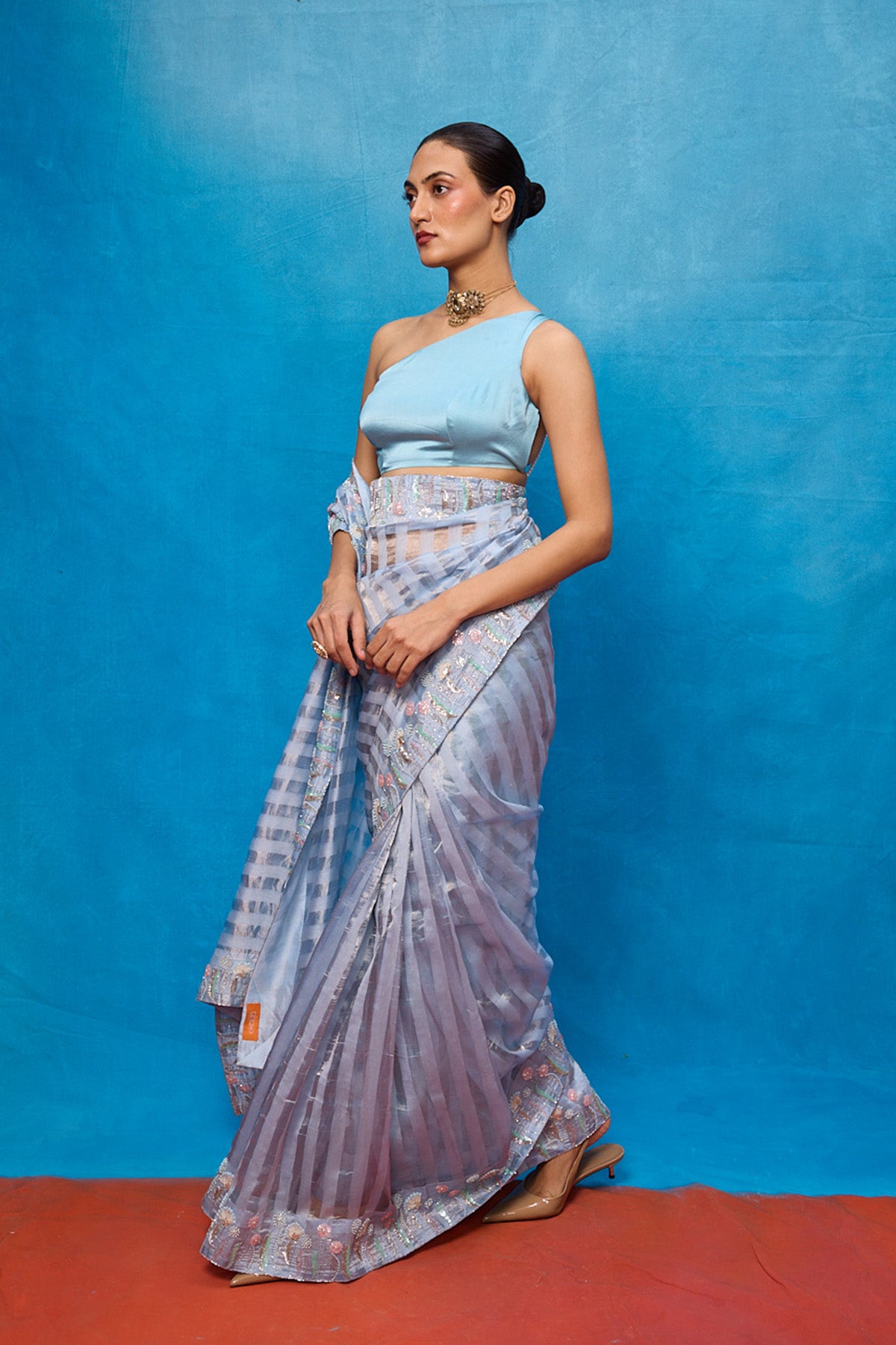 Handwoven Ice Blue Tissue Embroidered Saree