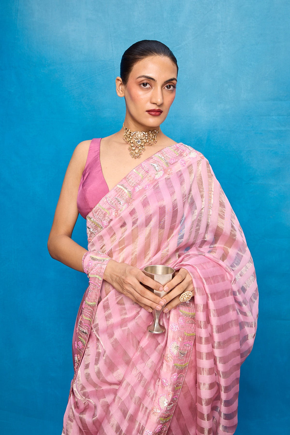 Handwoven Pink Tissue Embroidered Saree