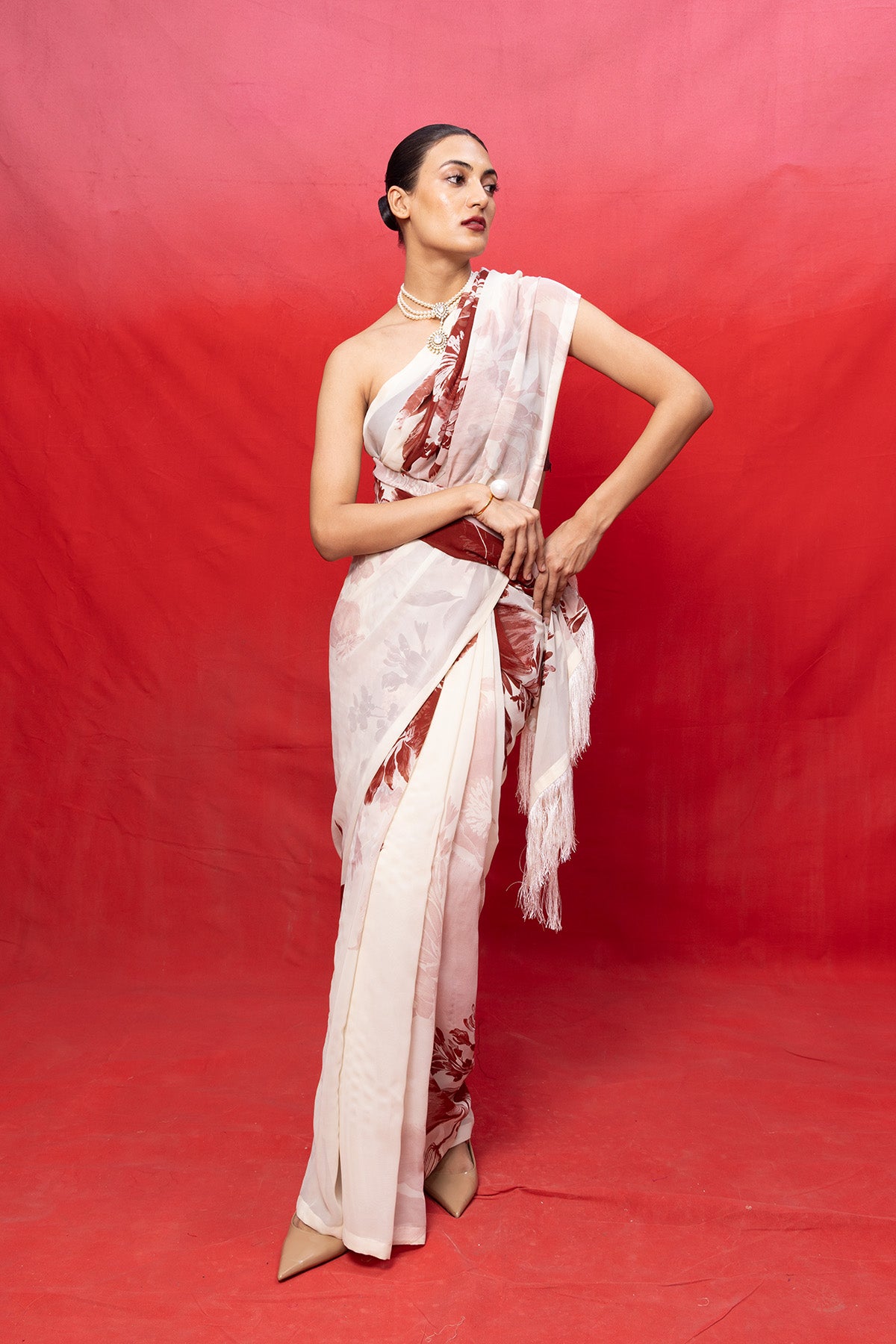 Handwoven Ivory Georgette Digital Print Saree