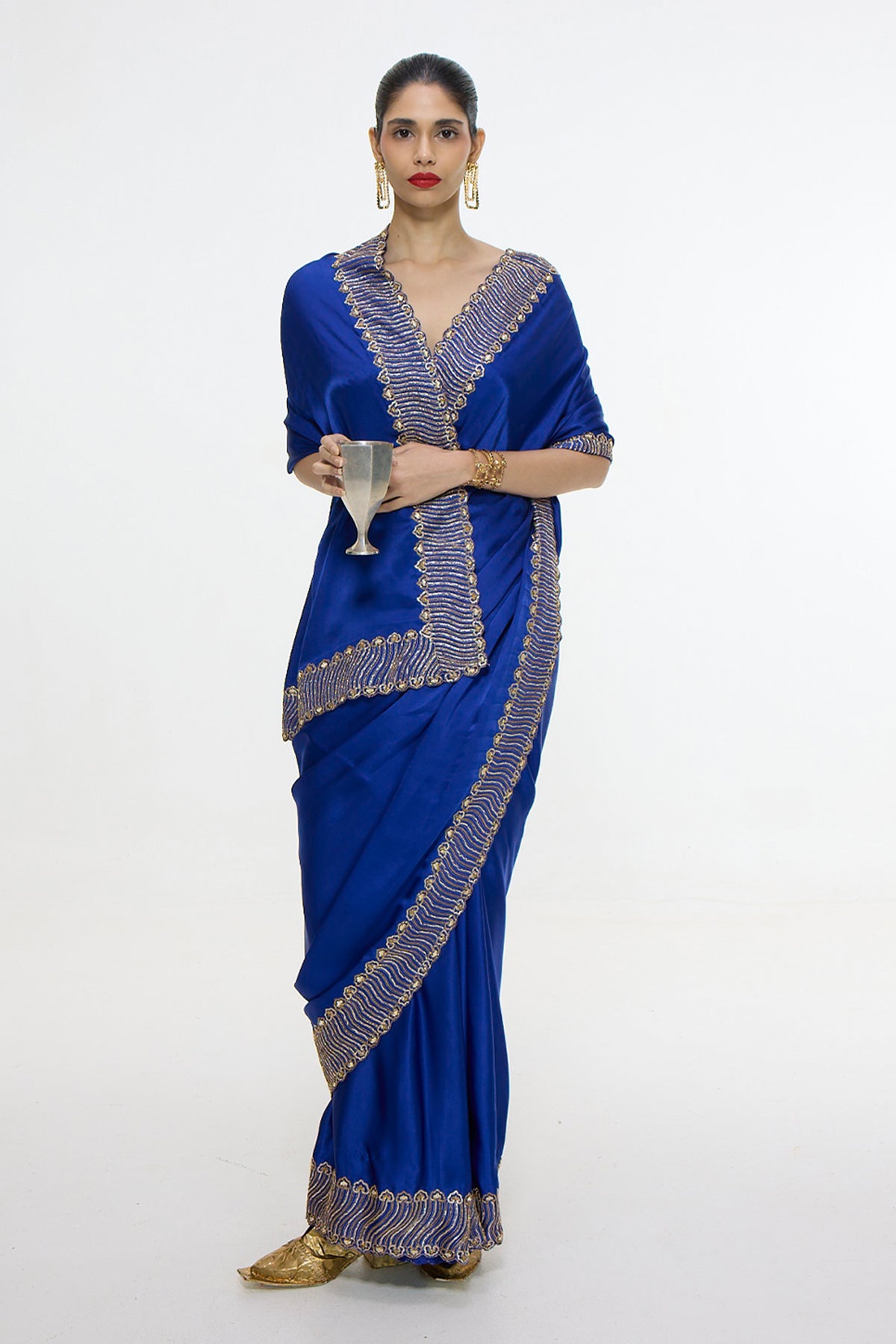 Handwoven Marine Blue Mashroo Silk Saree with Embroidered Border