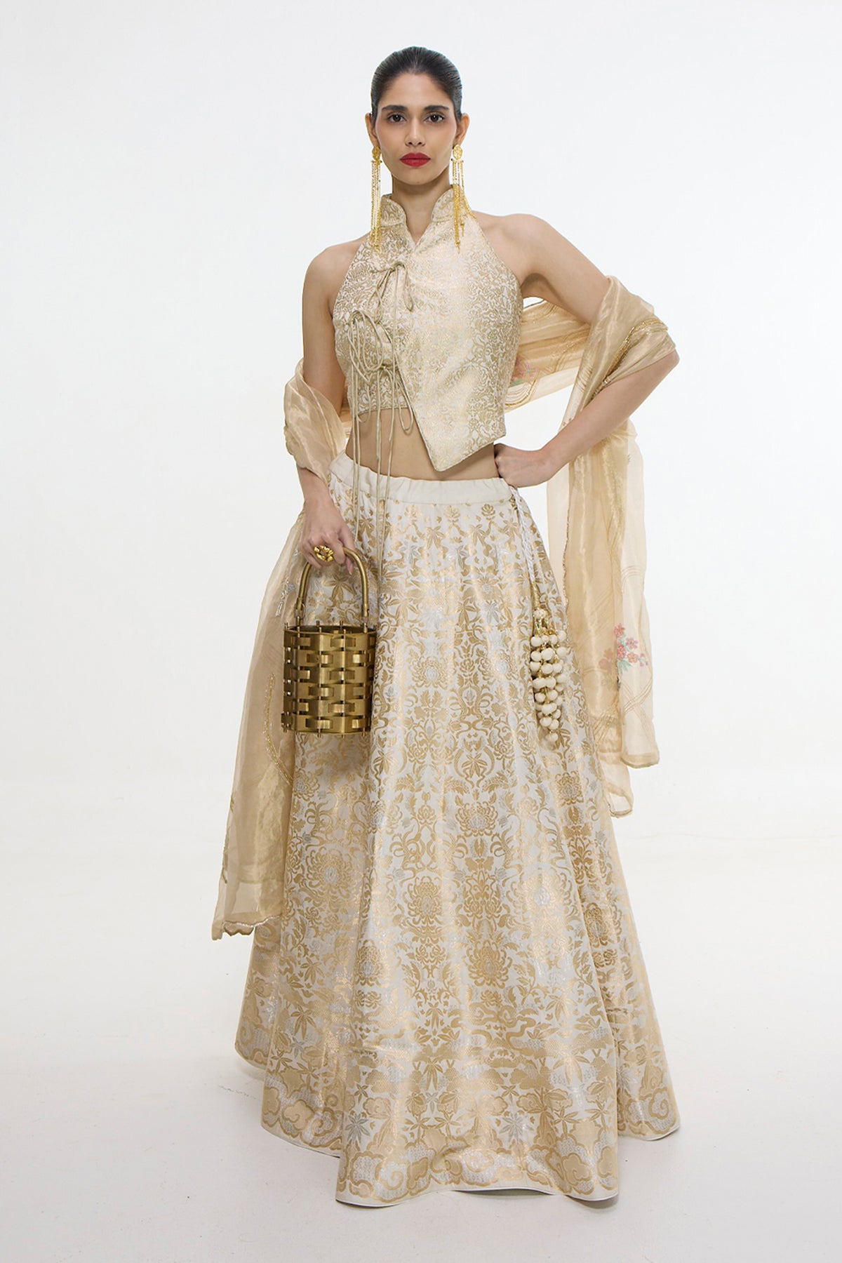 Handwoven Ivory-Gold Lehenga Set