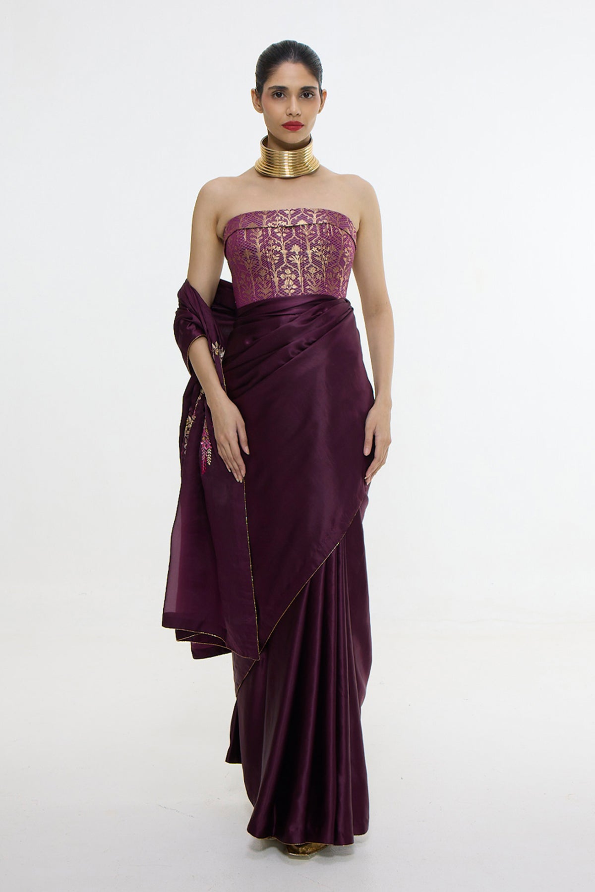 Handwoven Maroon Saree With Embroidered Panel